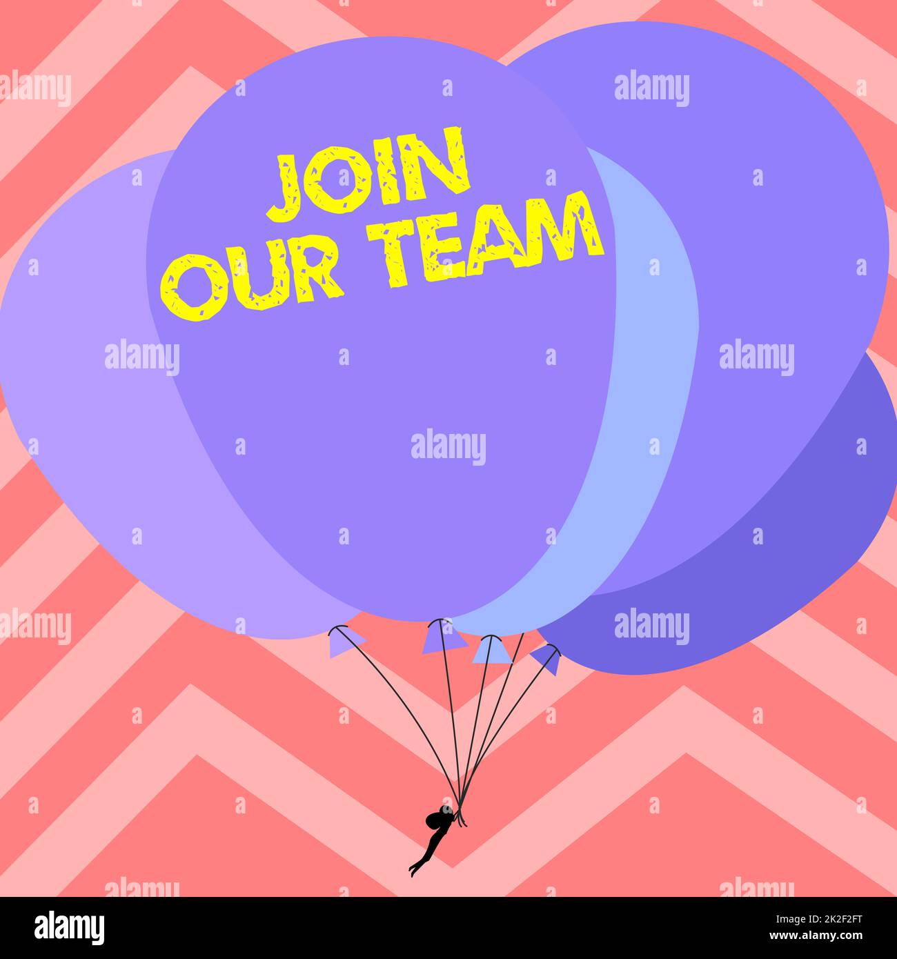 Schild mit der Aufschrift „Join Our Team“. Geschäftsidee Einstellung von Stellenangeboten Personalanwerbung Personaljagd Mann mit bunten Ballons, die um den gestreiften Hintergrund fliegen. Stockfoto