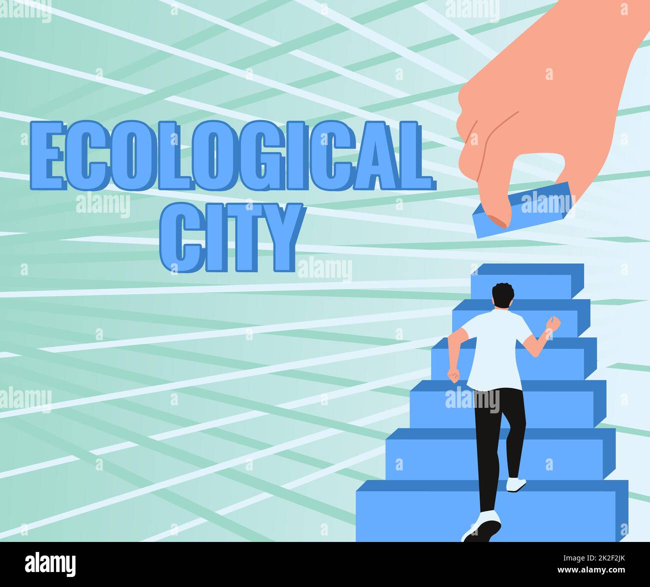 Konzeptionelle Darstellung Ökologische Stadt. Das Wort für menschliche Siedlung basiert auf der selbsttragenden Struktur Gentleman Climbing Up Stair Case, der versucht, Ziele zu erreichen, die Fortschritt definieren. Stockfoto