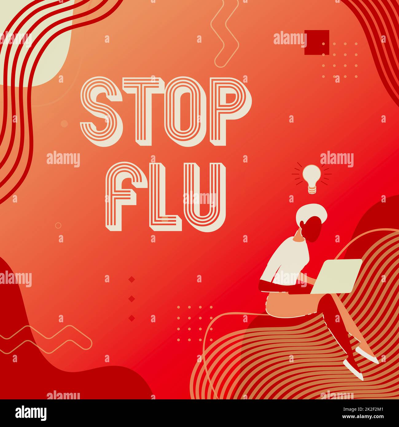 Konzeptionelle Beschriftung Stop Grippe. Wort für Behandlung der ansteckenden Atemwegserkrankung verursacht durch Influenza-Virus Frau mit Laptop sitzend aktiv Arbeit aus New thoughts zu vollenden. Stockfoto