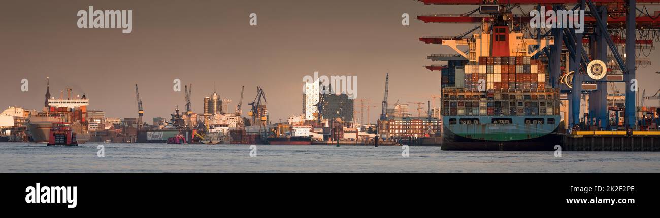 Panoramablick am frühen Abend vom hamburger Hafen mit der Elbphilharmonie im Hintergrund Stockfoto