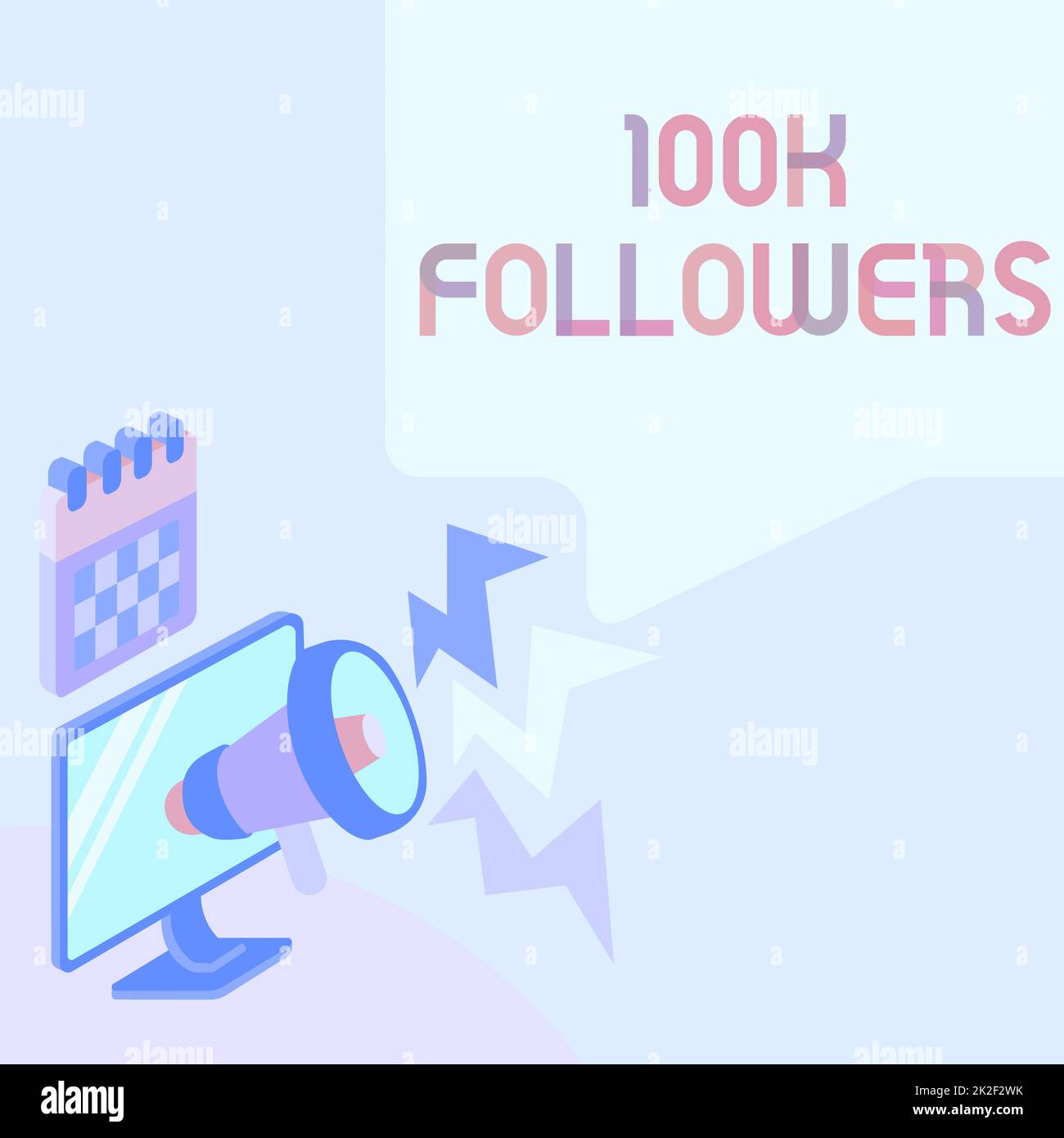 Textbeschriftung mit 100K Followern. Die Anzahl der Personen, die einer Person auf Instagram folgen und mit Megaphone zeichnen, die „Beleuchtung zu Nachricht“ erzeugen, wird in einem Geschäftsbeispiel dargestellt. Stockfoto