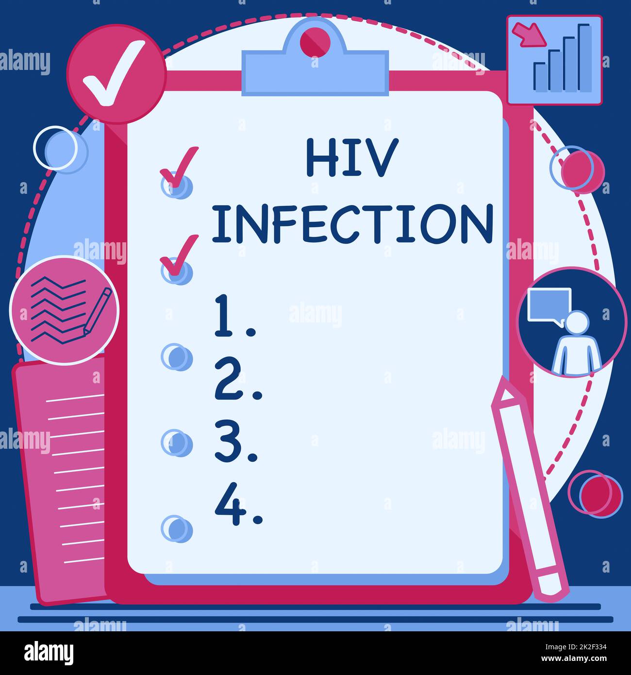 Konzeptionelle Darstellung der HIV-Infektion. Konzept, das eine sexuell übertragbare Infektion und eine chronische Krankheit bedeutet, Zwischenablage Zeichnung mit Checkliste markiert Fertig Elemente auf Liste. Stockfoto