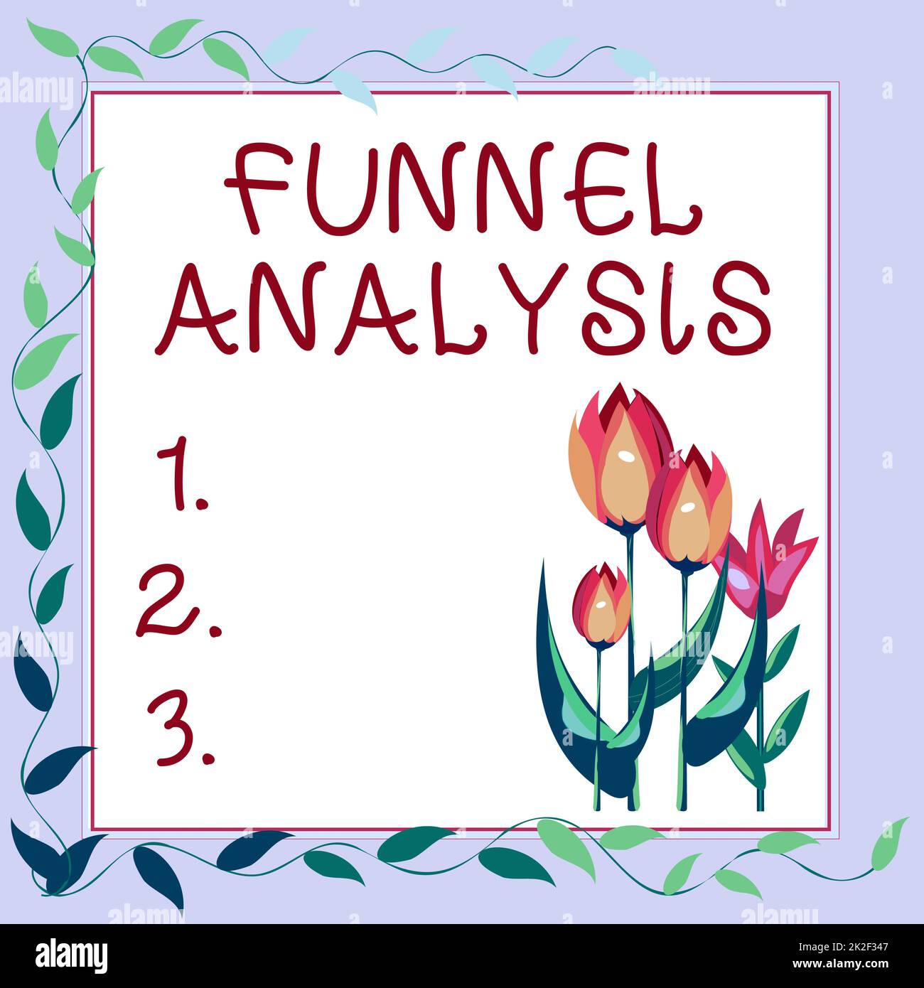 Text, der die Inspirationstrichteranalyse zeigt. Konzept bedeutet Kartierung und Analyse einer Reihe von Veranstaltungen zu einem Goal Frame dekoriert mit farbenfrohen Blumen und Blattwerk harmonisch angeordnet. Stockfoto