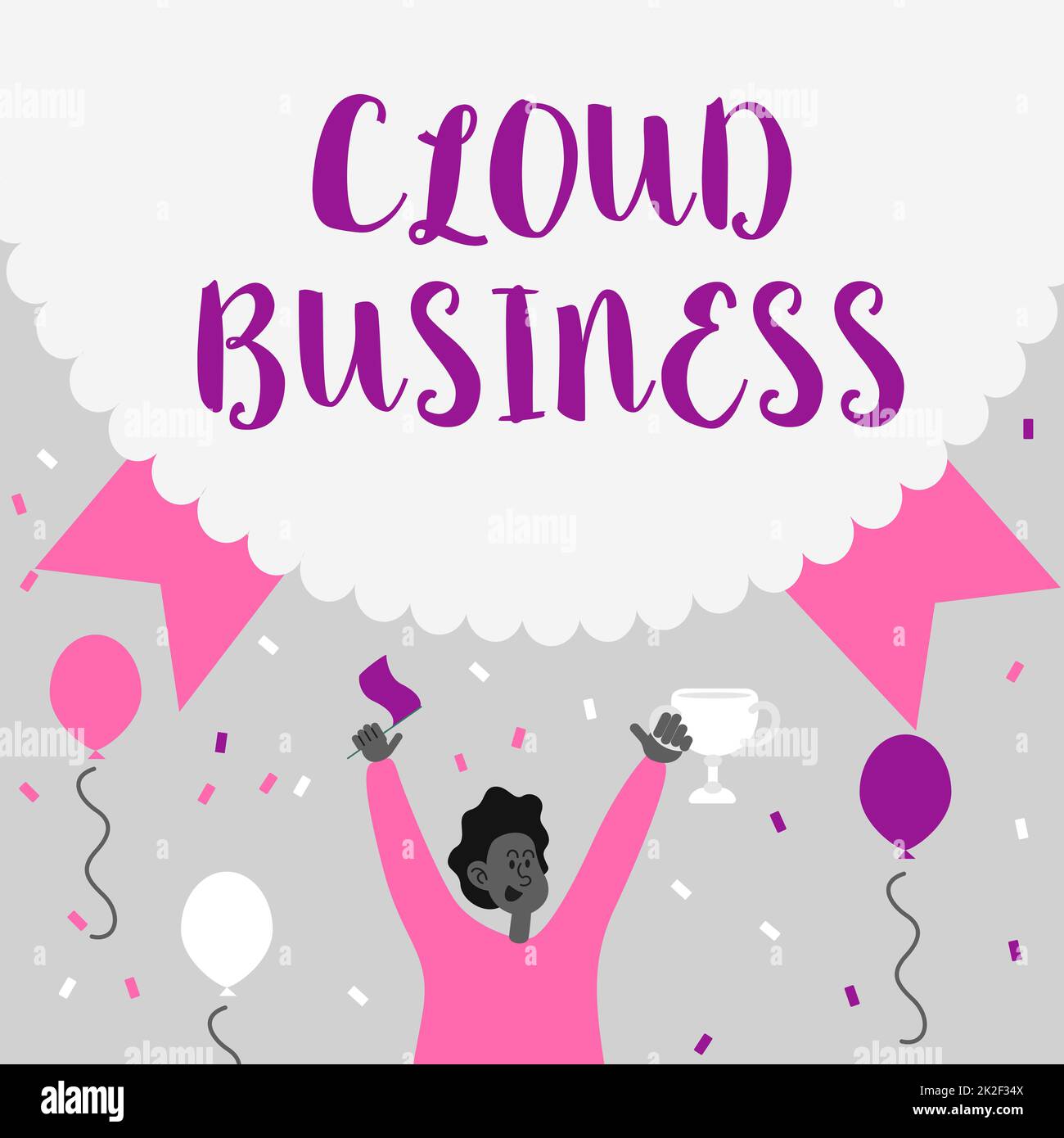 Handschriftlicher Text Cloud Business. Business Concept Computing, das auf gemeinsam genutzten Computing-Ressourcen basiert man-Holding-Trophäe feiert Performance inmitten von Ballons. Stockfoto