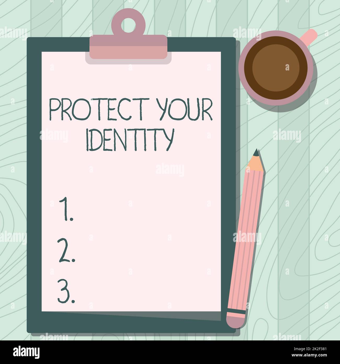 Textzeichen mit „Protect Your Identity“. Geschäftsidee Datenschutz in Ihren Social-Media-Konten aktivieren Abbildung: Bleistift auf dem Tisch neben der Zwischenablage und der Kaffeetasse. Stockfoto