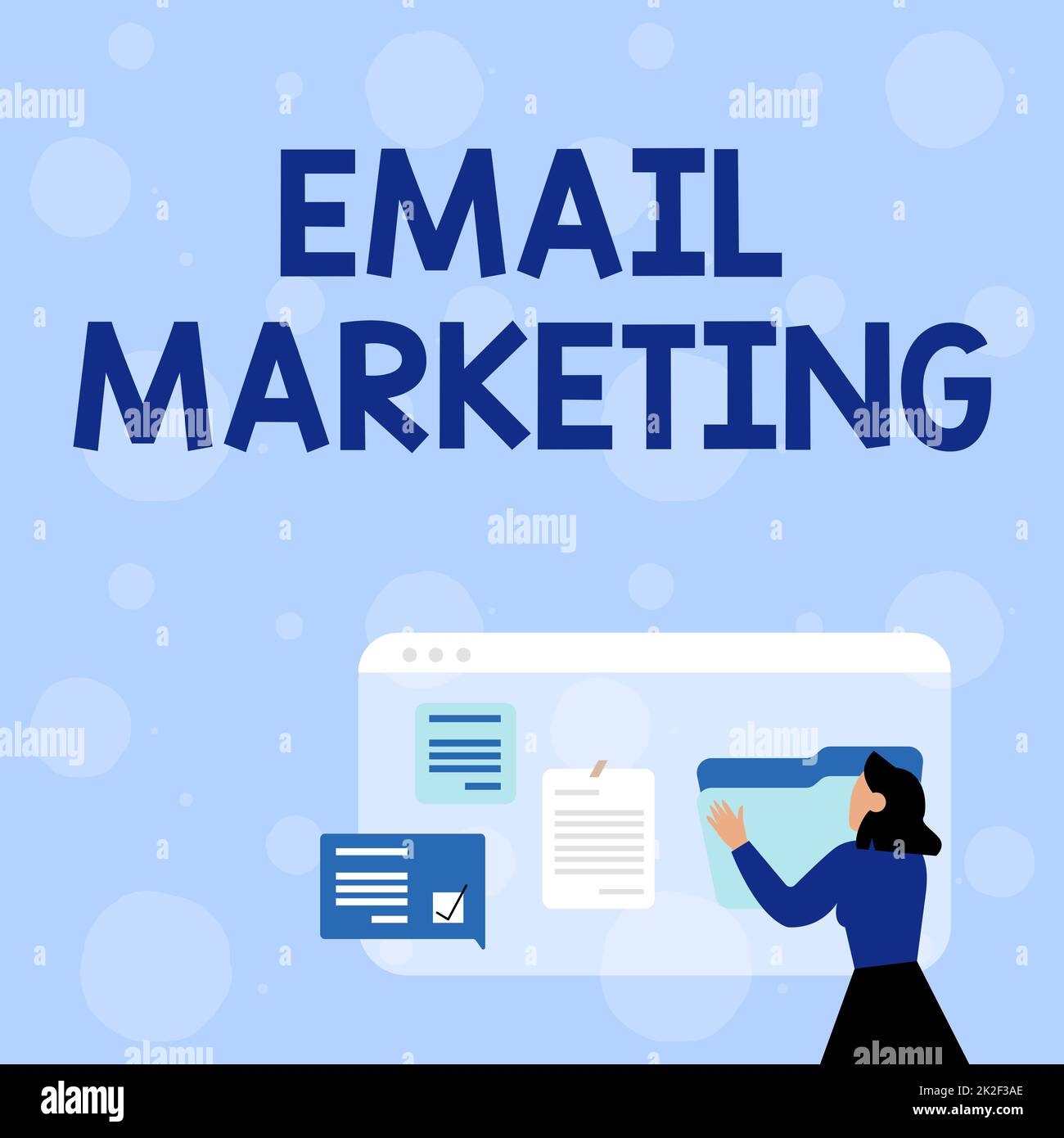 Konzeptionelle Darstellung E-Mail-Marketing. Wort zum Senden einer Werbebotschaft an eine Gruppe von Werbesendungen mit E-Mail Frau Browserverlauf anordnen, Bearbeiten Online-Dateien organisieren Stockfoto