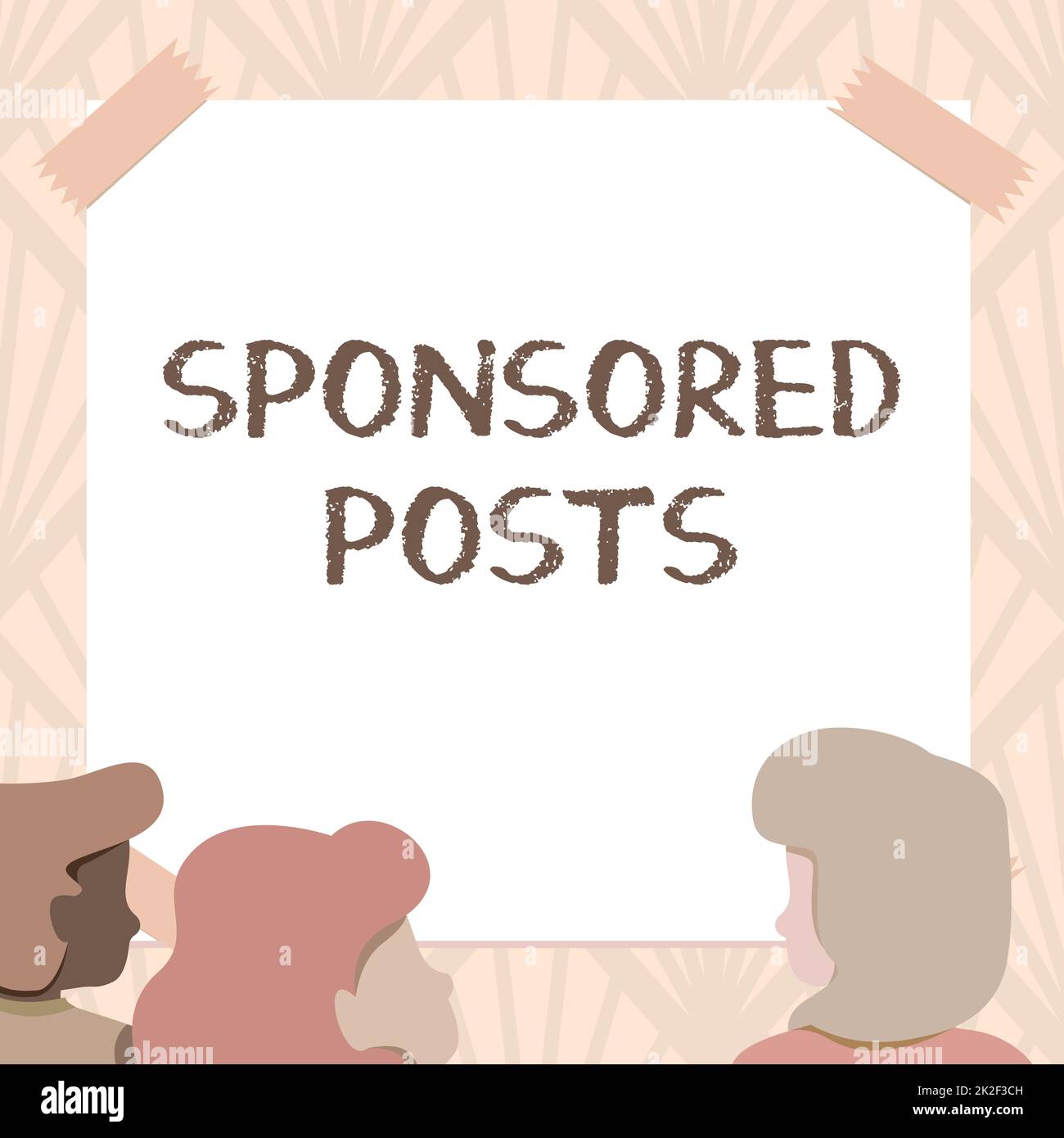 Konzeptionelle Darstellung gesponserte Beiträge. Ein Wort für einen Beitrag, den ein Unternehmen zahlt, um ihn an ein breiteres Publikum zu verteilen. Teammitglieder, die sich mit Whiteboard-Brainstorming zu neuen Lösungen beschäftigen Stockfoto
