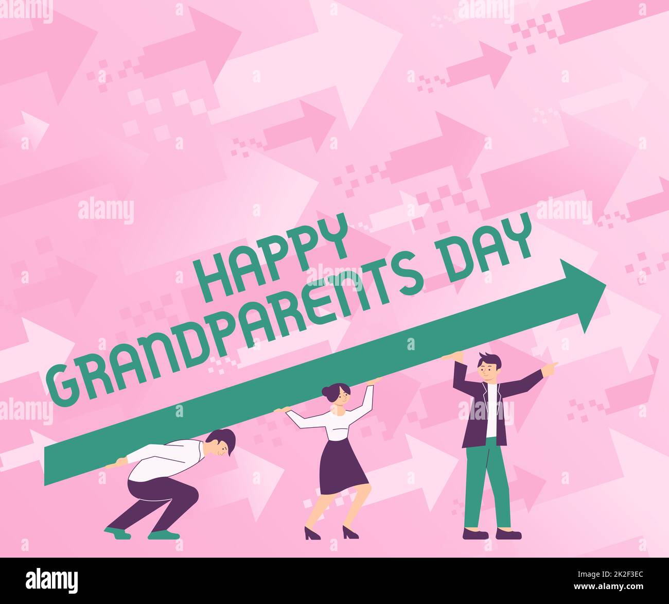 Text zeigt Inspiration Happy Grandparents Day (alles gute zum Großelterntag). Business Approach National Holiday zur Feier und Ehrung von Großeltern vier Kollegen Drawing Standing Holding Large Arrow für Erfolg. Stockfoto