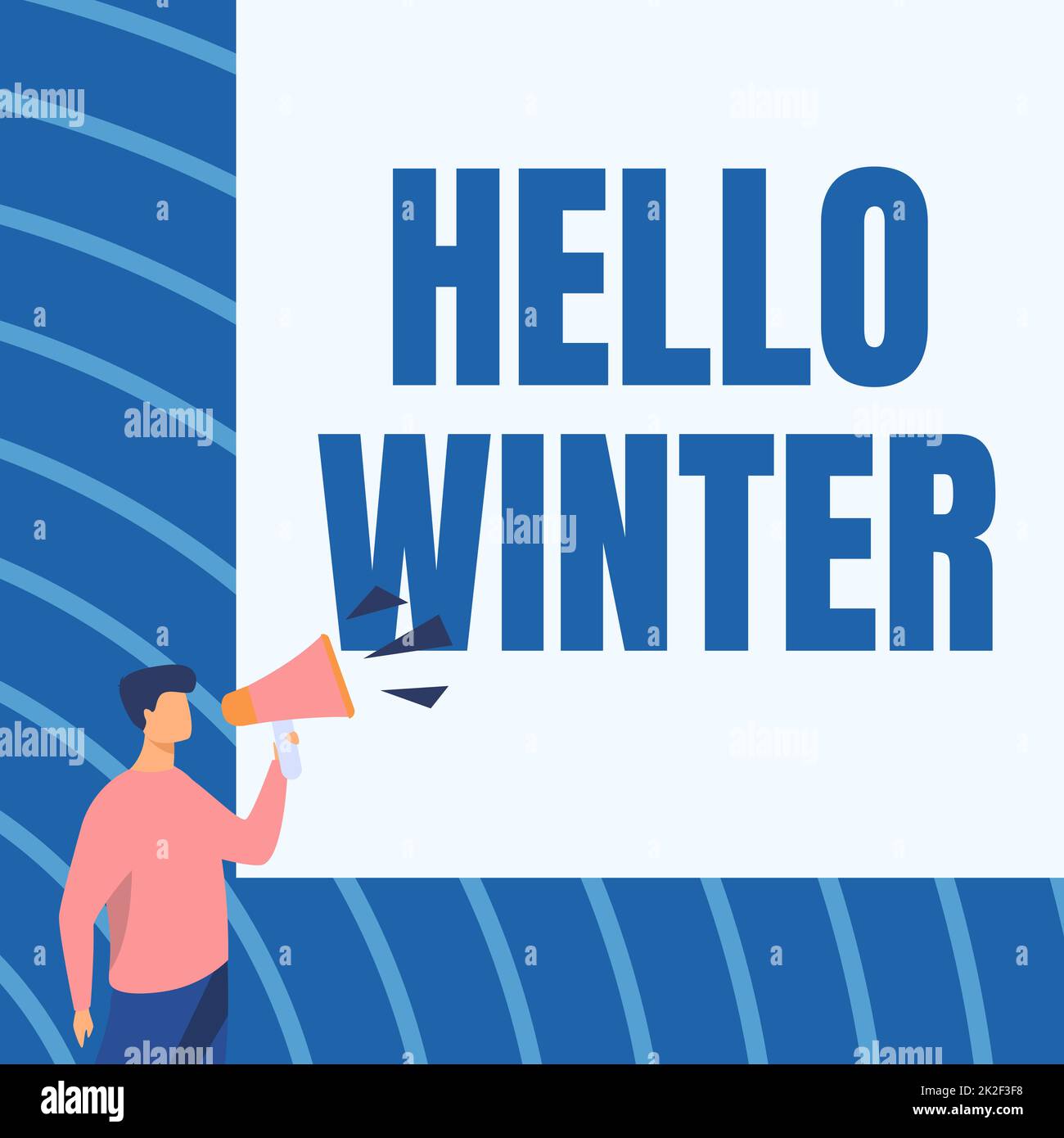Handschriftlicher Text Hello Winter. Geschäftsansatz kälteste Jahreszeit in den Polar- und gemäßigten Zonen Geschäftsmann zeichnet über Megaphone spricht und macht neue Ankündigungen. Stockfoto