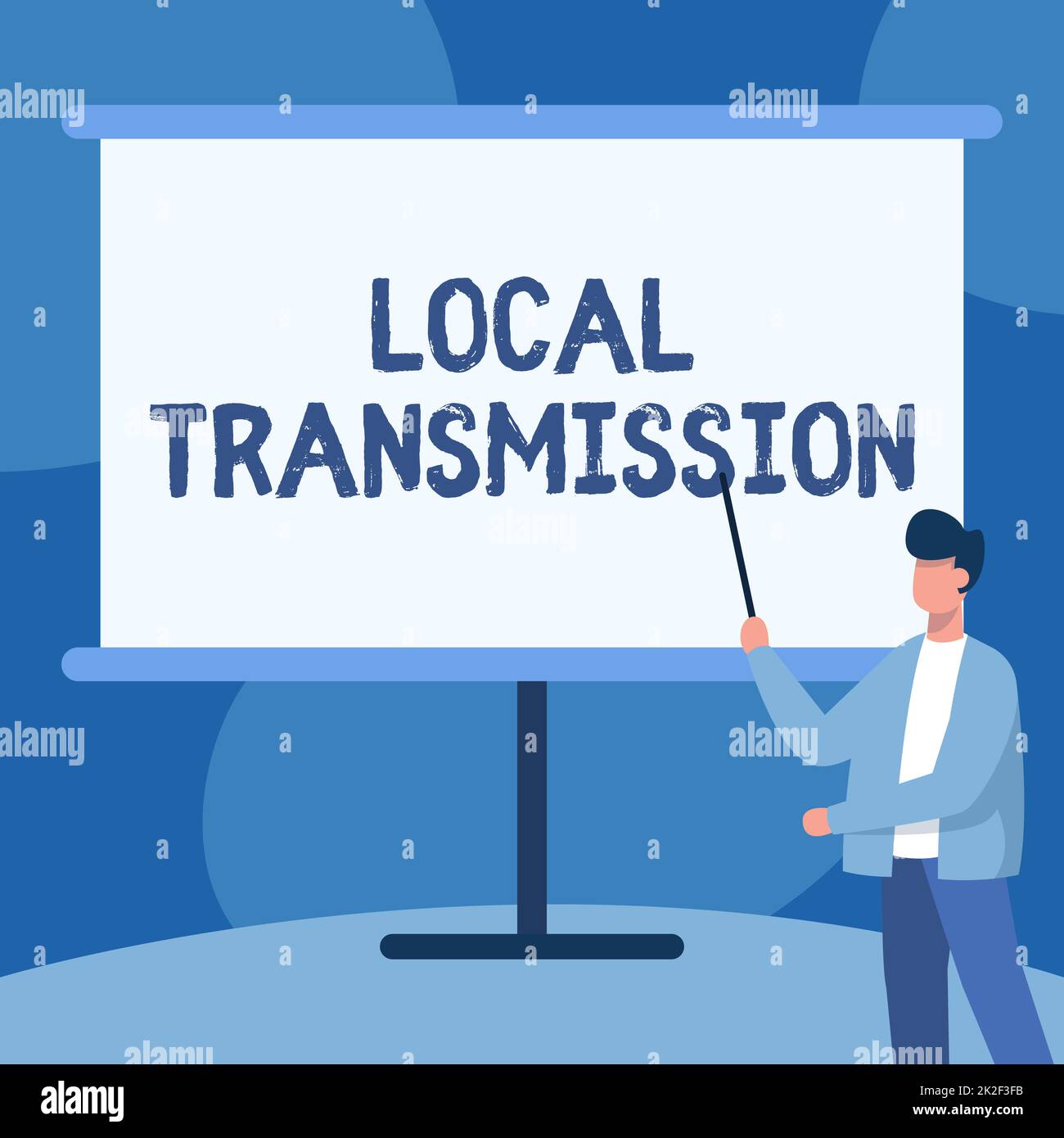 Textzeichen mit lokaler Übertragung. Internet-Konzept Cluster-erworbene Infektionsfälle von einem bestimmten Ort Lehrer in der Jacke Zeichnen Standing Pointing Stick am Whiteboard. Stockfoto