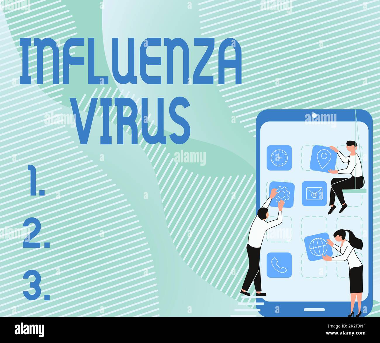Schreiben Anzeigetext Influenza Virus. Geschäftsansatz eine Infektionskrankheit, die durch ein Grippevirus verursacht wird drei Kollegen, die eine S Decorating Mobile Application bei sich tragen. Stockfoto