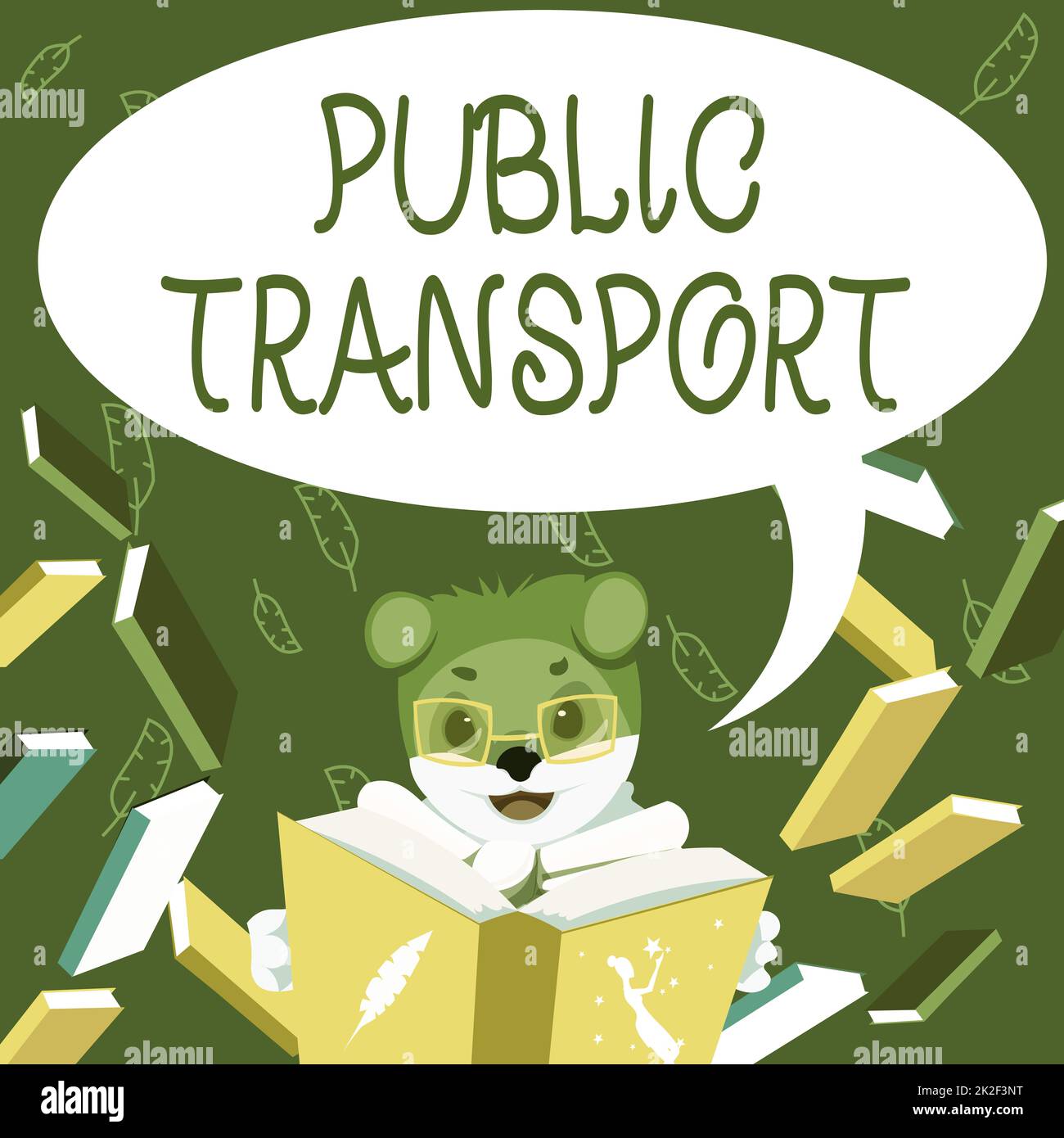 Textzeichen mit öffentlichen Verkehrsmitteln. Wort für den Transport von Passagieren mit Gruppenreisesystemen zum öffentlichen Fuchs mit Brille in der Bibliothek ein Buch lesen und studieren. Stockfoto