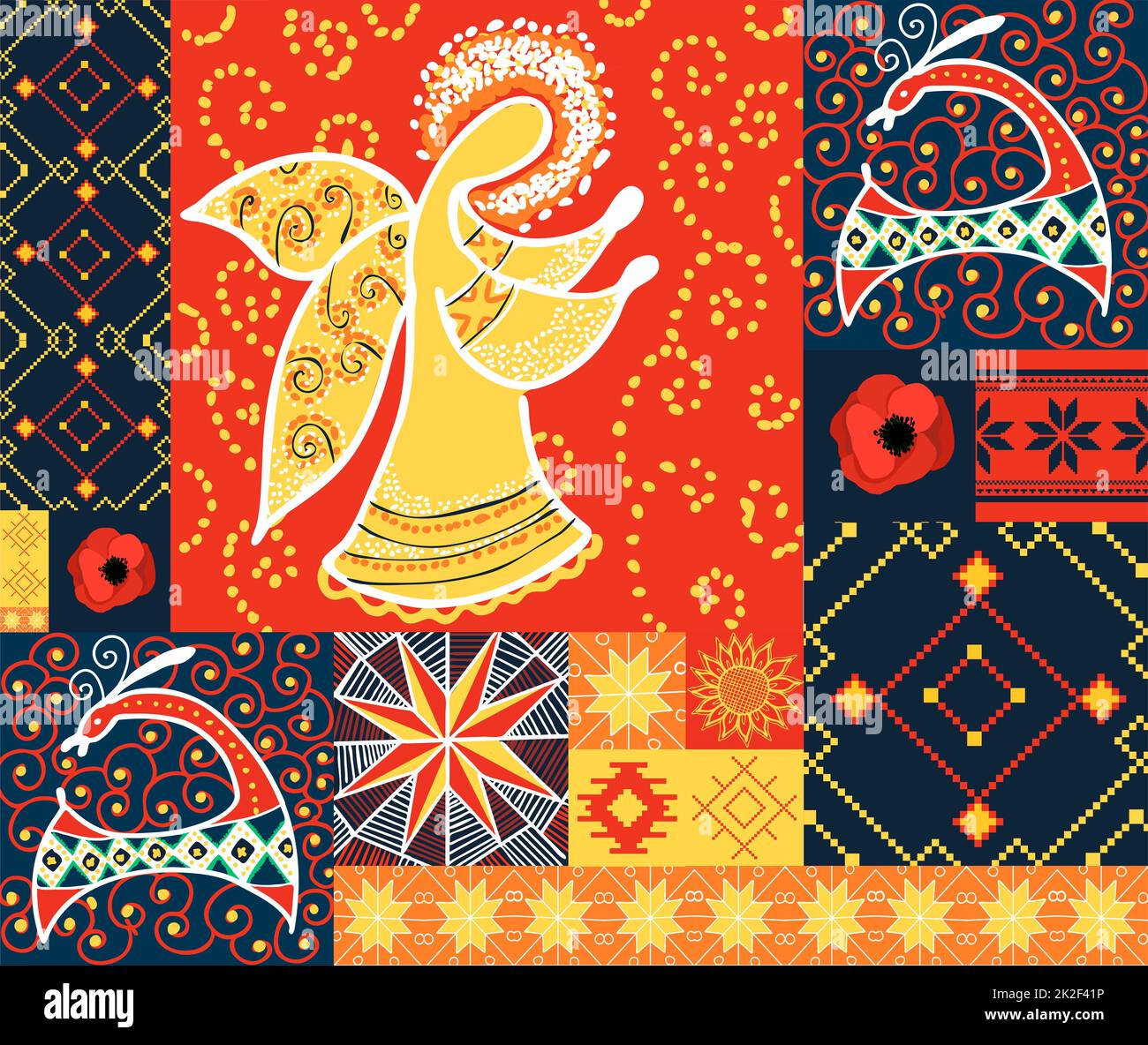 Moderner ukrainischer Ornamentsartikel. Nahtloses Muster im ukrainischen Stil. Symbole der Ukraine. Nationale Symbole. Kultur Mitteleuropas. Pysanka. Stickerei. Trendiges ethnisches Muster. Collage Stockfoto