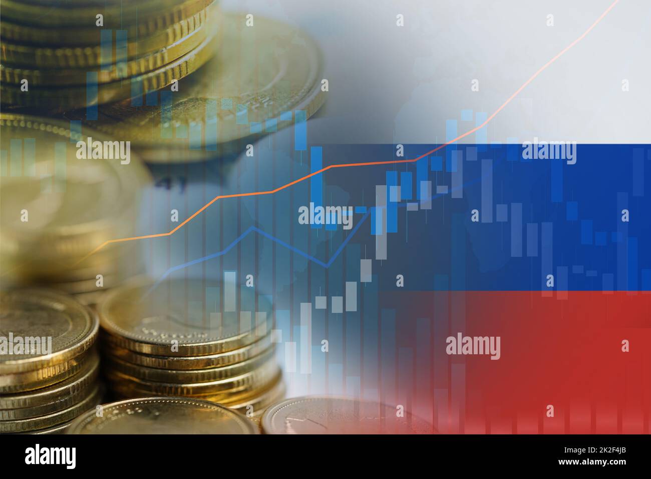 Aktienmarkt Investment Trading Finanz-, Münze und Russland Flagge oder Forex für die Analyse Gewinn Finanzierung Geschäft Trend Daten Hintergrund. Stockfoto