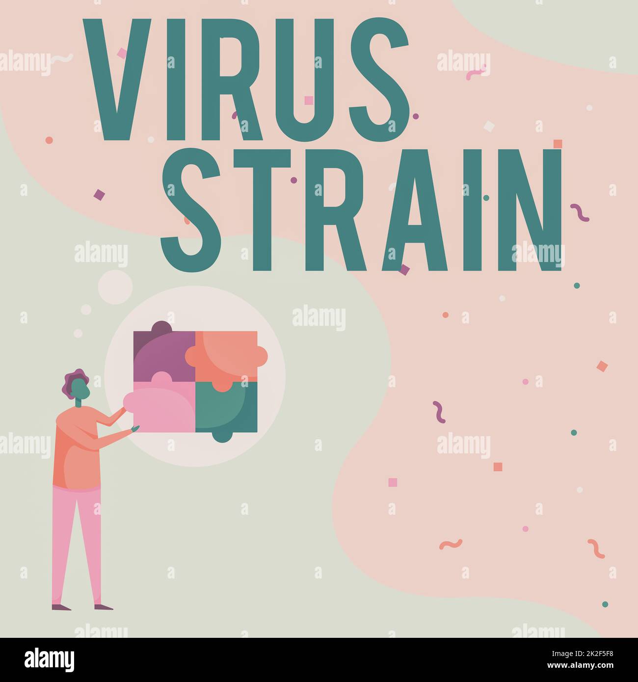 Textschild mit Virusstamm. Wort geschrieben auf Virus Strain man Zeichnung stehend Fitting vier Puzzle-Stücke. Stockfoto