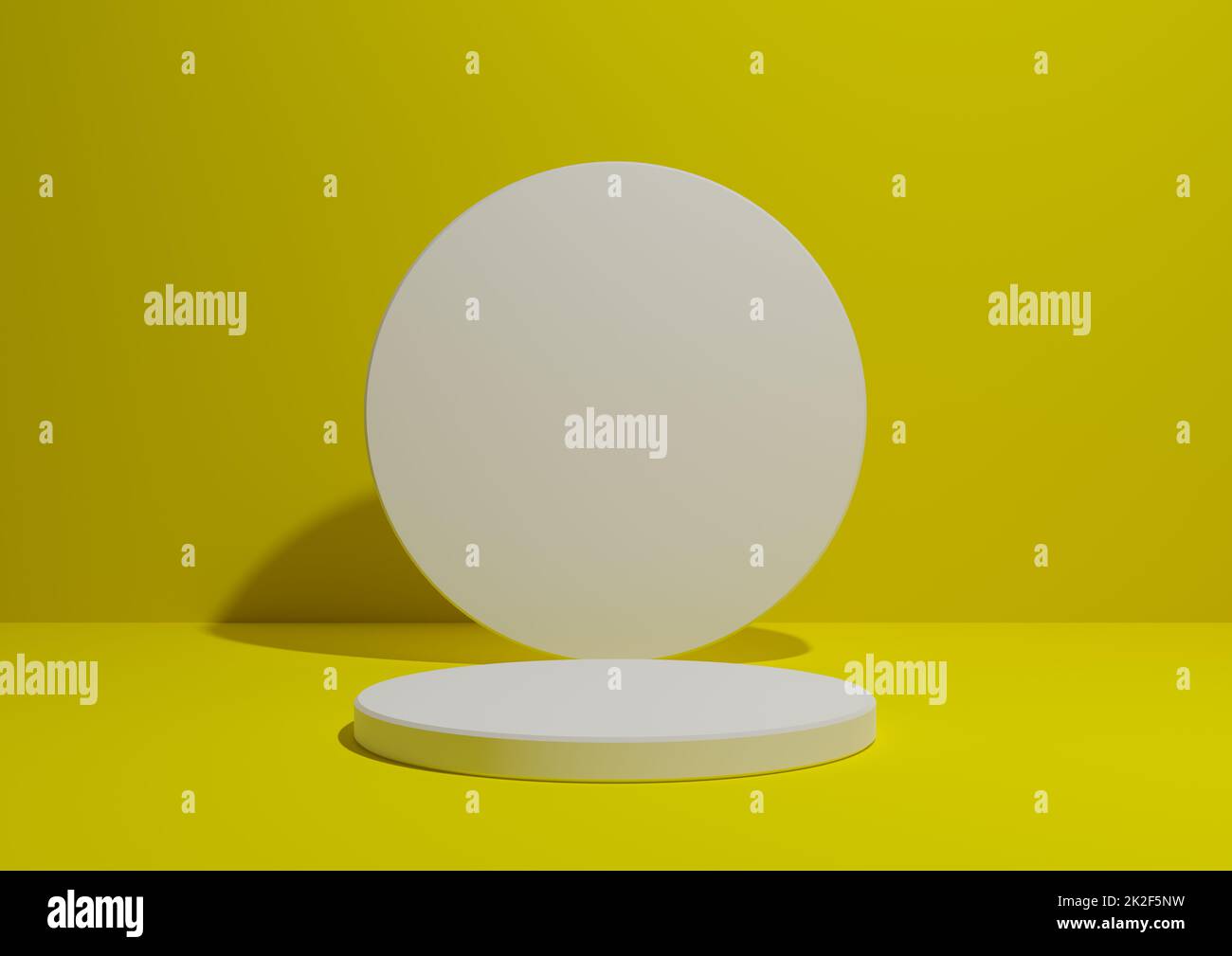 Leuchtendes Neongelb, 3D-Darstellung einer einfachen, minimalen Komposition mit einem Zylinderständer oder Podium für Produktpräsentation oder Werbung mit geometrischen Formen, leerer Hintergrund mit Platz für Text. Stockfoto
