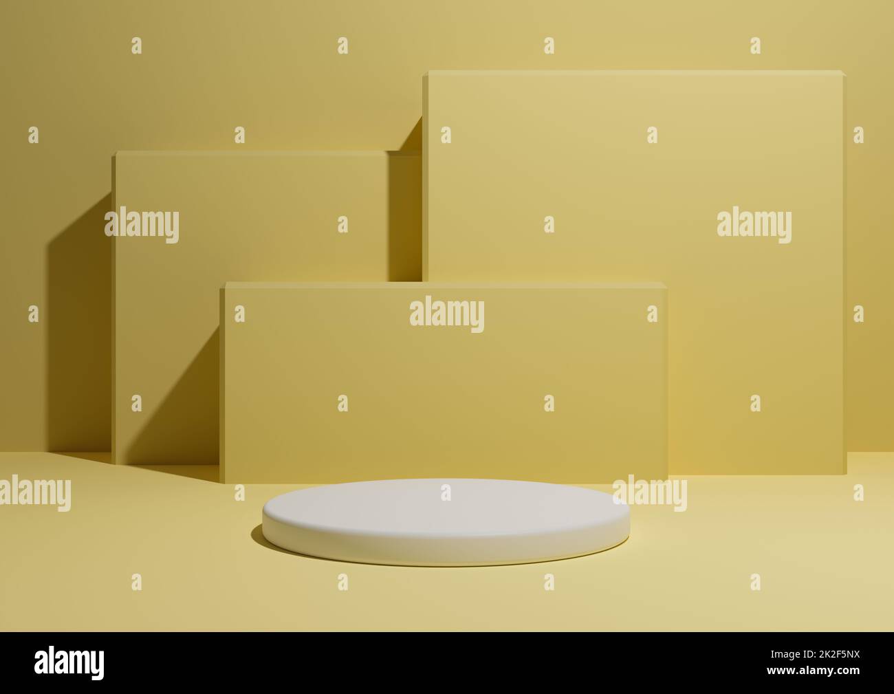Warm, hell, hell, pastellgelb, 3D-Darstellung eines einfachen, minimalistischen Hintergrunds mit einem Podium oder Standfuß und geometrischen quadratischen Formen im Hintergrund. Stockfoto