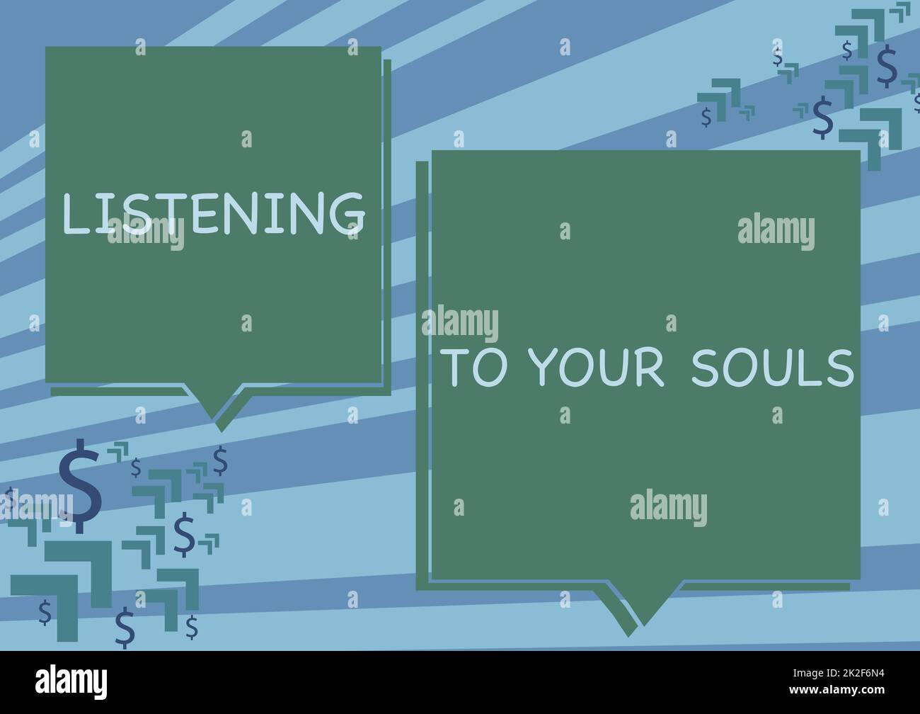 Ich schreibe Text und höre auf deine Seelen. Business Showcase Meditation Vertrauen auf Ihre Instinkte durchdachte zwei bunte überlappende Sprechblasen mit Dollar-Zeichen. Stockfoto