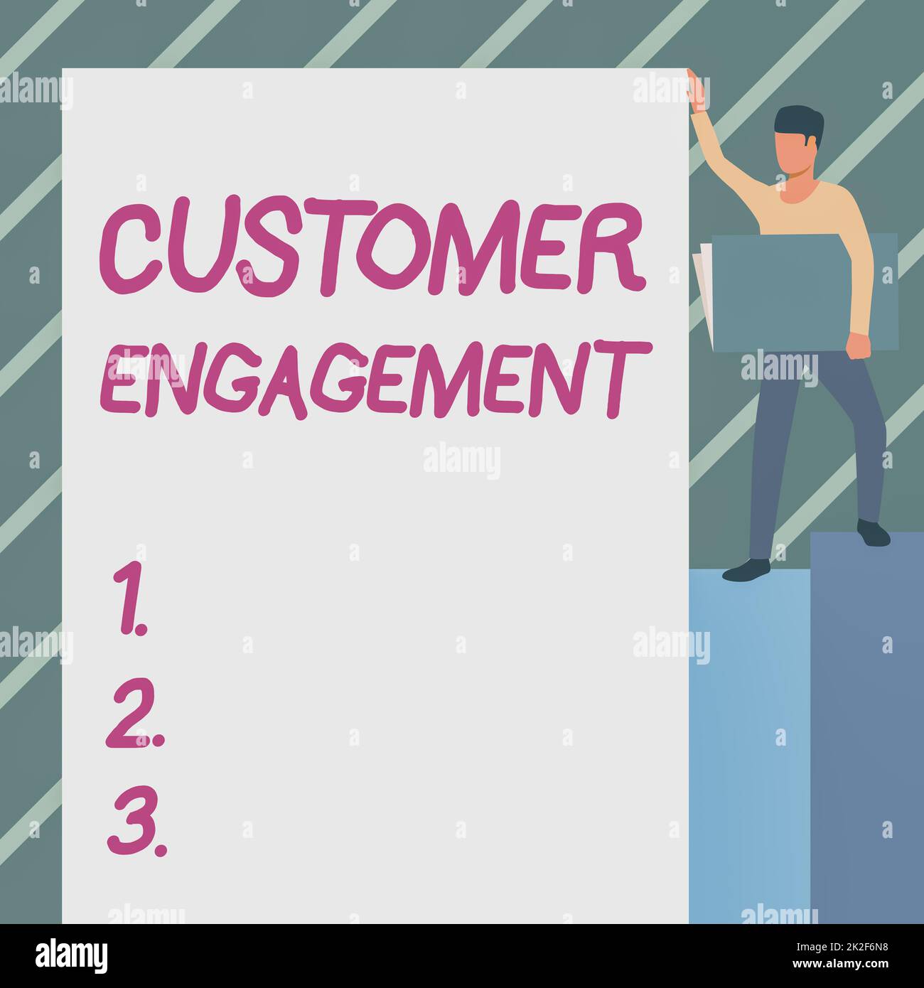 Handgeschriebenes Schild „Kundenbindung“. Geschäftskonzept die emotionale Verbindung zwischen einem Kunden und einem Markenmann, der ein großes Notebook bei sich trägt und gleichzeitig ein großes Whiteboard zeigt. Stockfoto