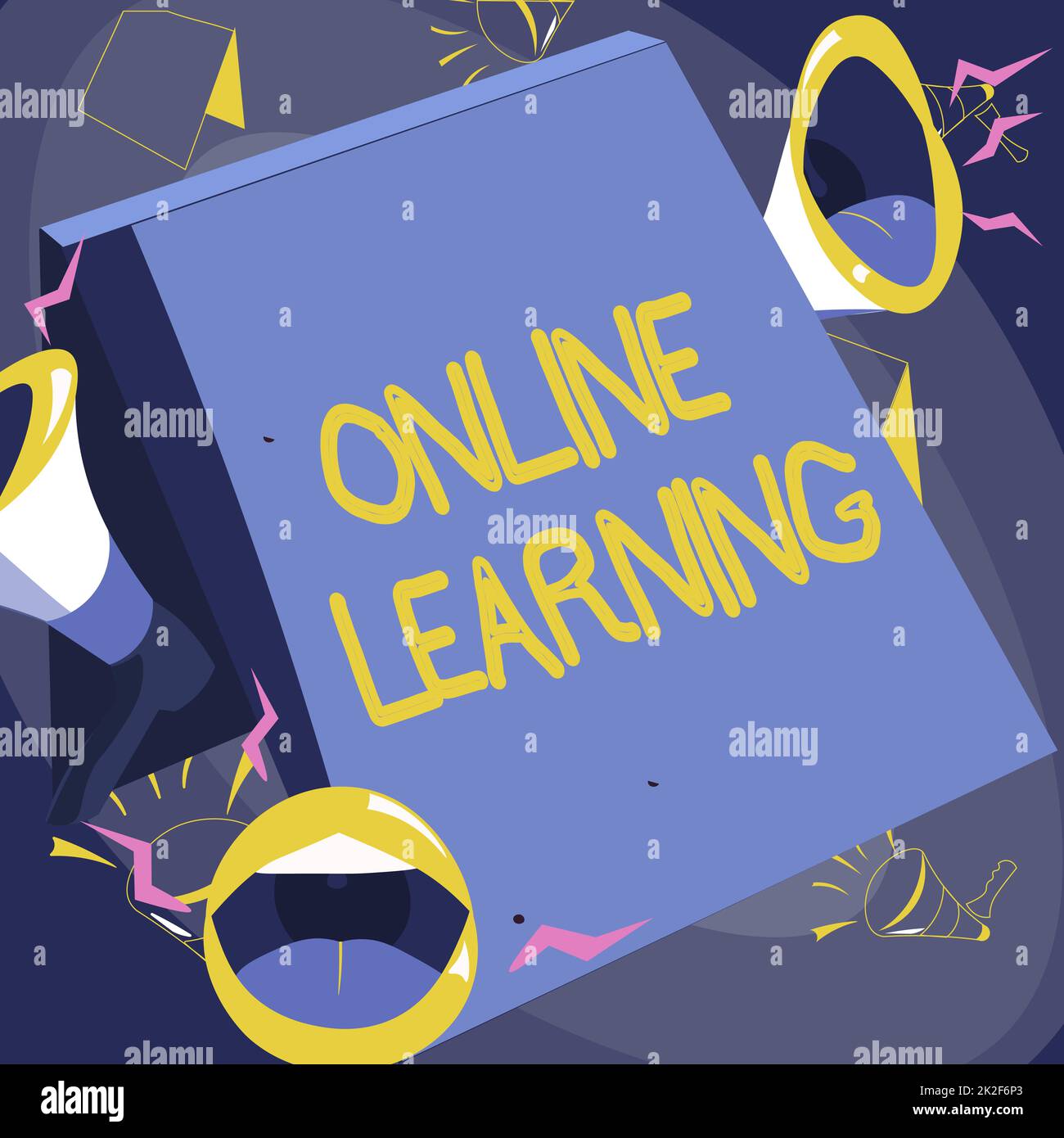 Inspiration mit Zeichen für Online Learning. Konzeptfoto Larning mit Hilfe des Internets und einem Computer, der Megafone mit den Lippen füllt und der Öffentlichkeit neue Ankündigungen macht. Stockfoto