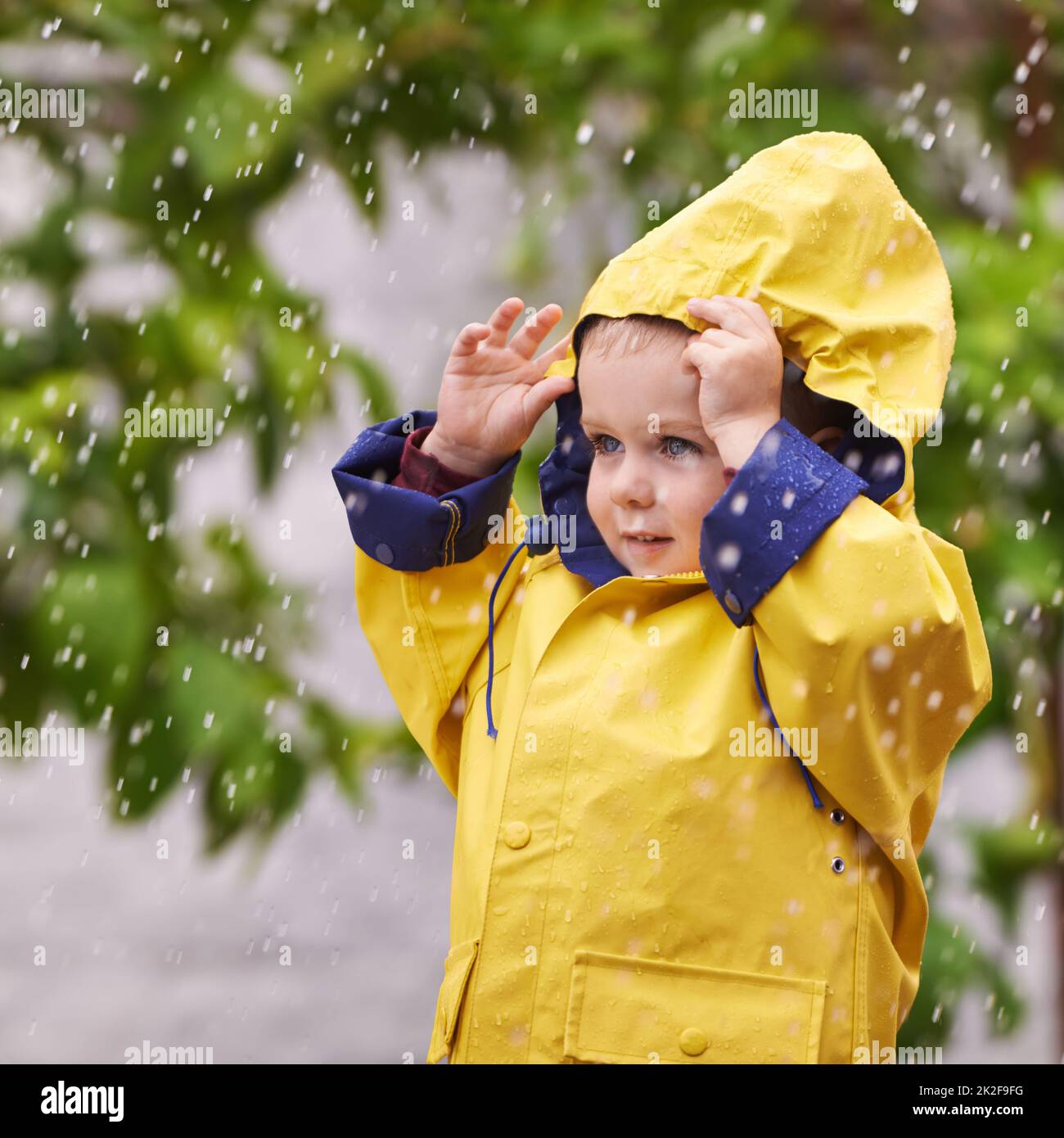 Fasziniert vom Regen. Ein kleiner Junge spielt draußen im Regen. Stockfoto