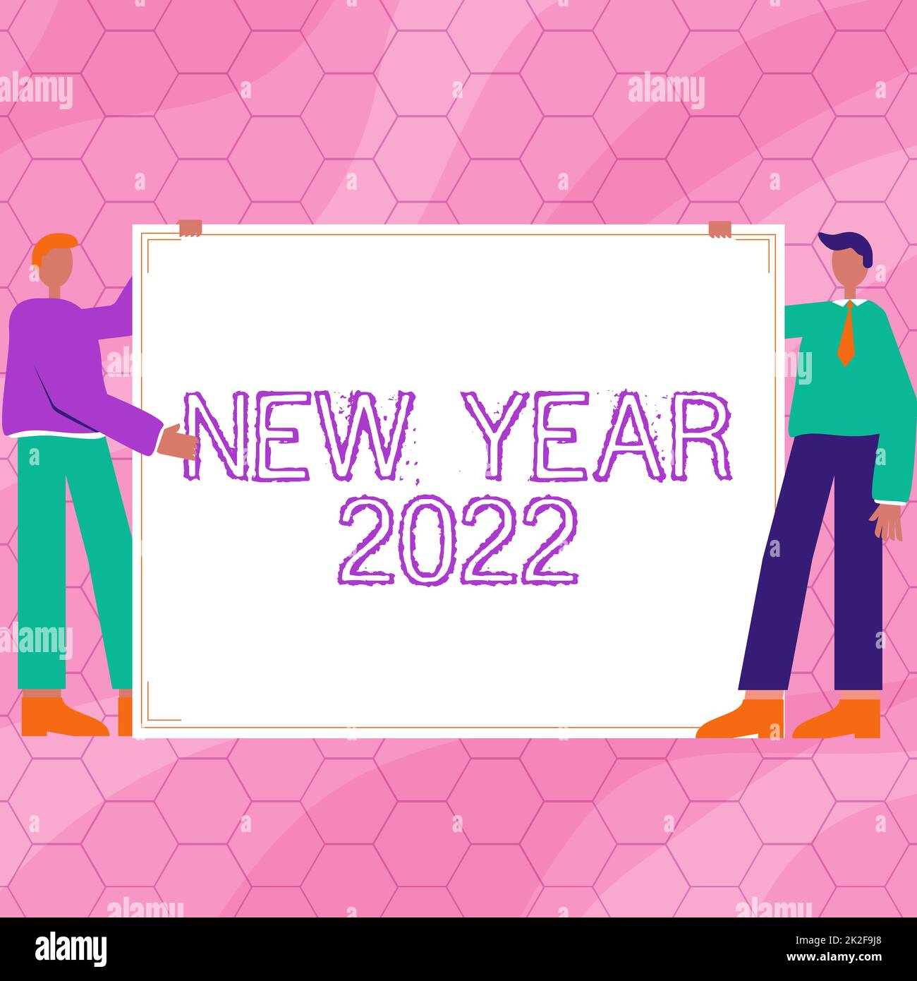 Konzeptüberschrift Neujahr 2022. Konzept bedeutet Begrüßung Feiertag Fresh Start Best Wishes zwei Männer zeichnen mit leerem Papierhintergrund und präsentieren neue Ideen. Stockfoto