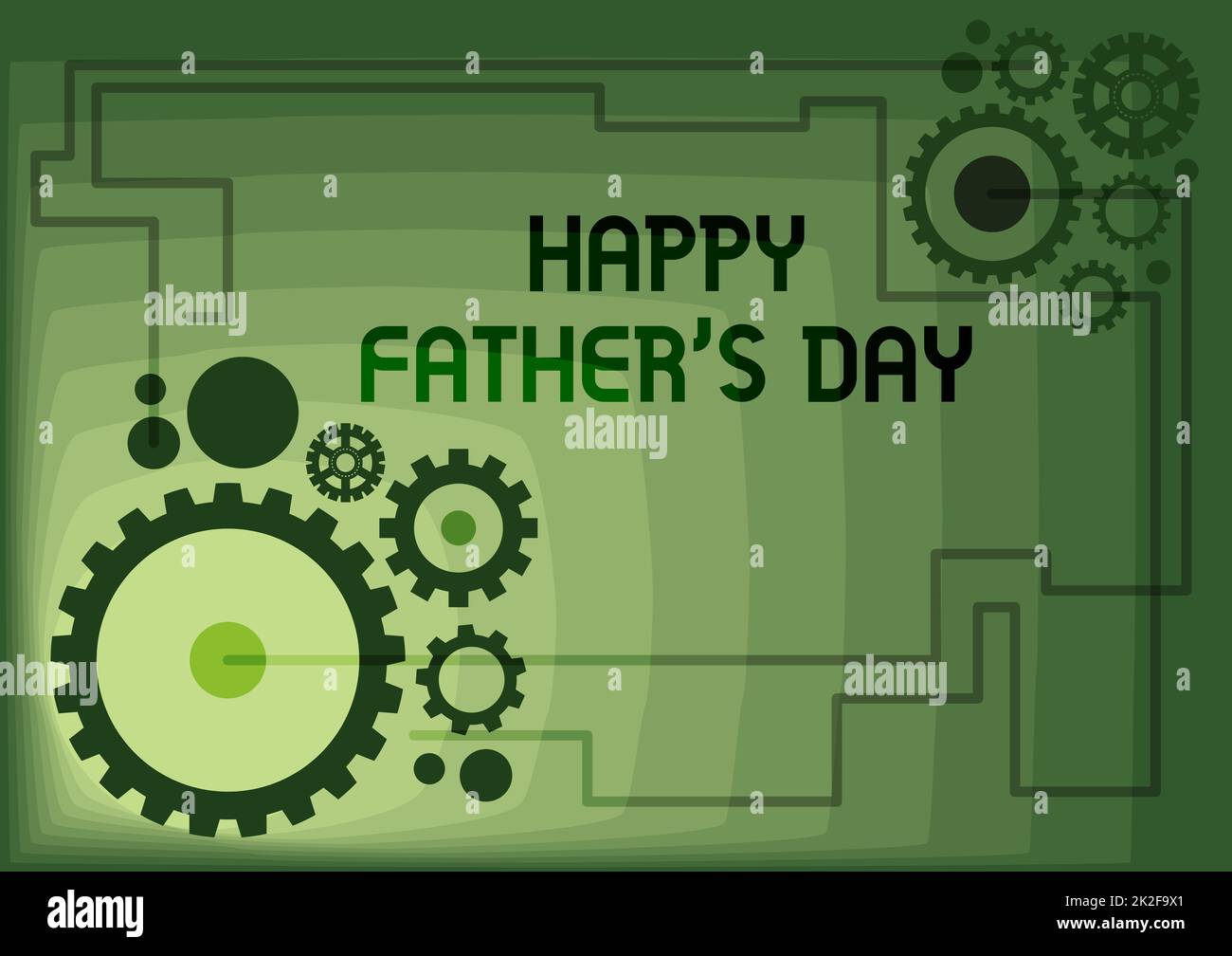 Begrifflicher Titel Happy Father S is Day. Geschäftsideen feiern zu Ehren von Vätern und Vaterschaft Illustration von miteinander verbundenen Mechanic Gears Performing Work Stockfoto