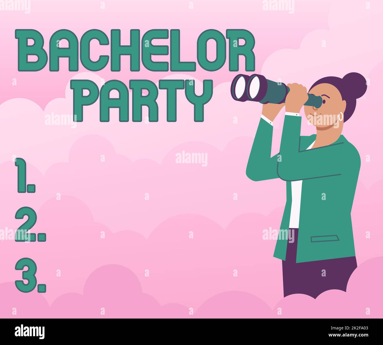 Schreiben mit Text Bachelor Party. Ein Wort auf Party für einen Mann, der bald heiraten wird, eine Junggesellenabschiedsfrau, die durch ein tragbares Teleskop schaut und neue Möglichkeiten sieht. Stockfoto