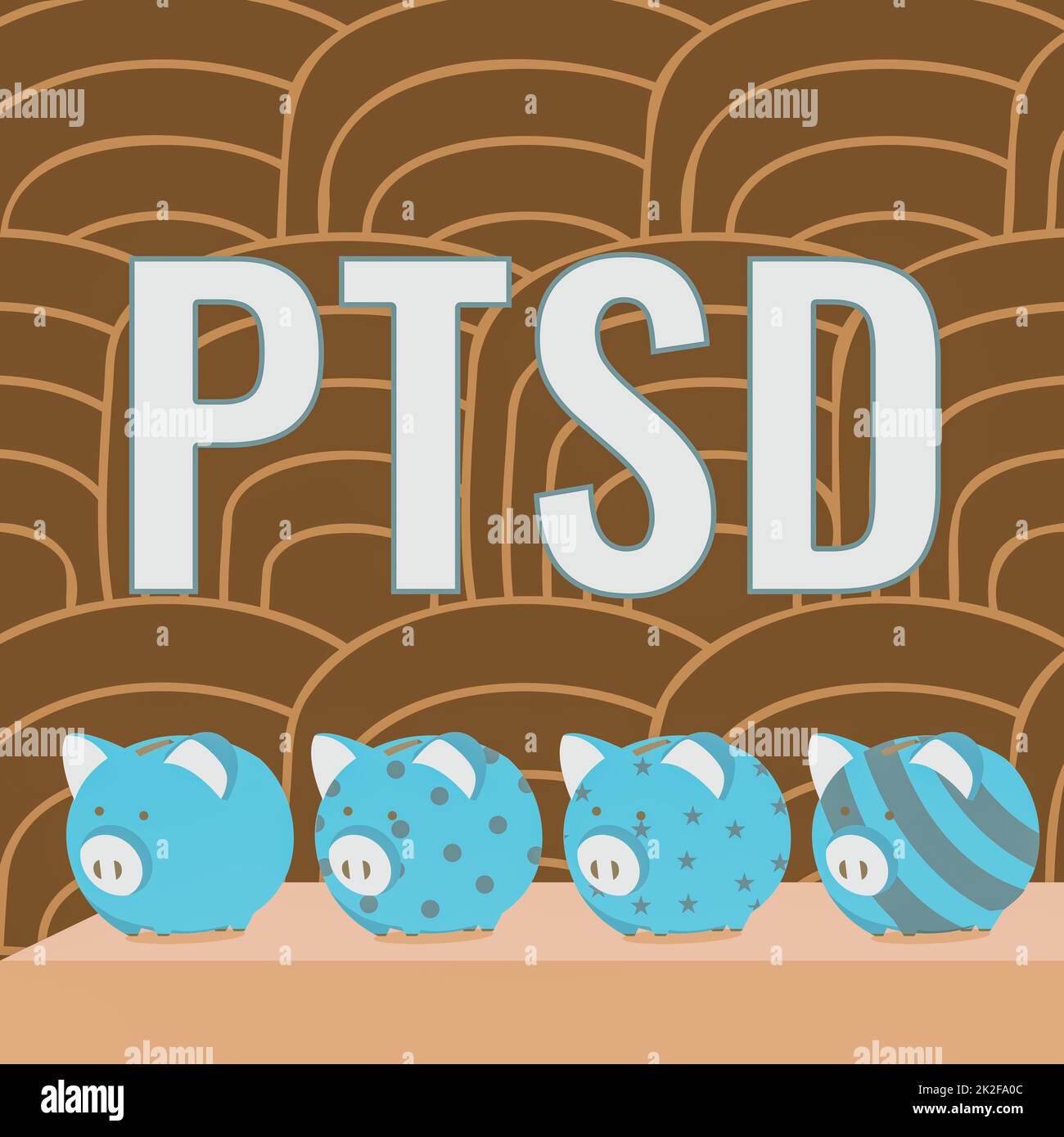 Handschriftliches Schild PTSD. Konzept der Bedeutung posttraumatischer Belastungsstörung psychische Erkrankung Trauma Angst Depression Multiple Piggy Bank Drawing on Table with Striped Background. Stockfoto