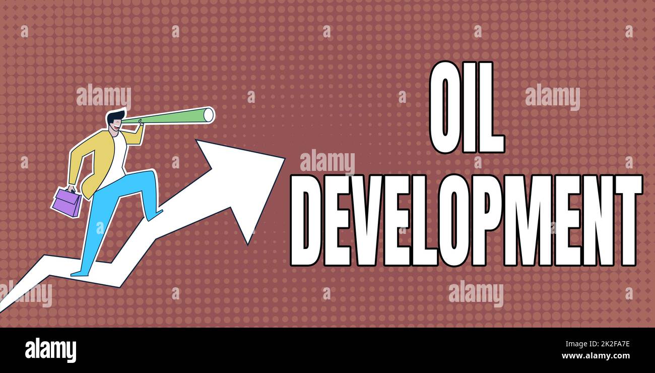 Textüberschrift zur Darstellung der Ölentwicklung. Geschäftsüberblick Aktion oder Prozess der Erkundung eines Gebiets an Land oder auf See für Öl man Drawing Holding Graph Arrow zeigt Geschäftswachstum. Stockfoto
