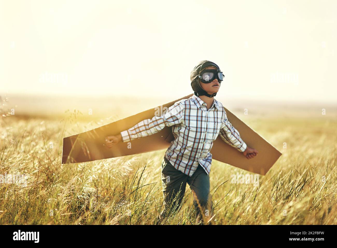 Bereit zum Fliegen. Aufnahme eines Jungen, der vorgibt, mit einem Paar Pappflügeln auf einem offenen Feld zu fliegen. Stockfoto