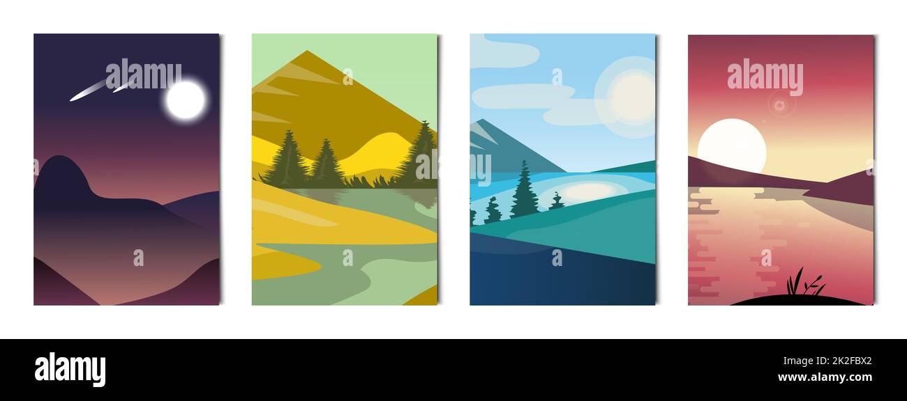 Set mit 4 verschiedenen vertikalen Hintergründen Landschaften - Vektor Stockfoto