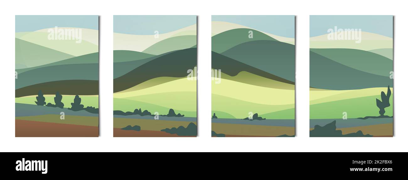 Set aus 4 Landschaften mit Bergen und Wäldern - Vektor Stockfoto