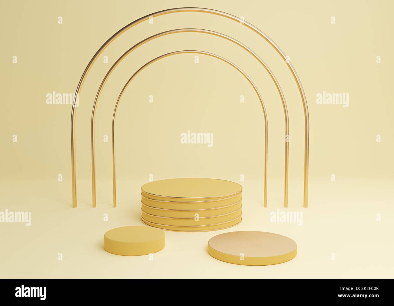 Warm, hell, hell, pastellgelb, 3D-Darstellung einfacher Produktausstellungszylinder mit luxuriösem Goldbogen und Linien drei stehen Minimale abstrakte Hintergrundzusammensetzung Stockfoto
