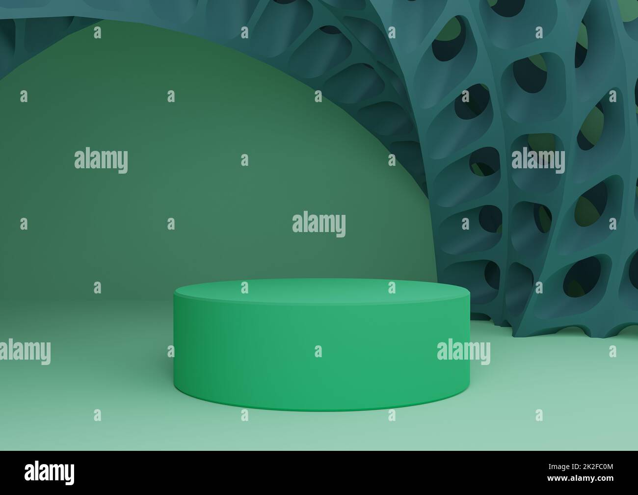 Leuchtend türkisfarbenes Grün 3D-Rendering-Produktdisplay mit Zylinderständer oder -Podium und futuristischen abstrakten geometrischen Formen Moderne Vorlage für minimale Zusammensetzung im Hintergrund Stockfoto
