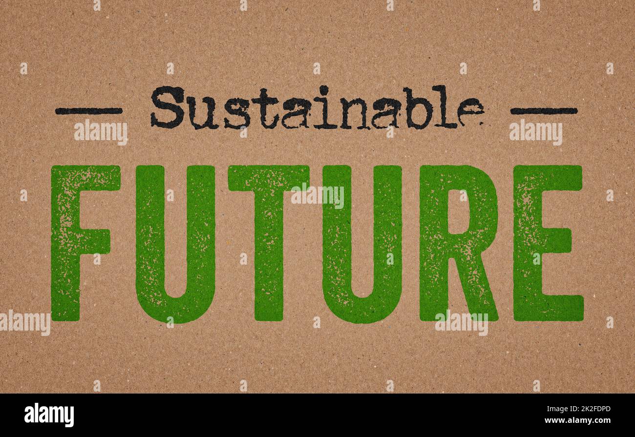 Nachhaltige Zukunft geschrieben auf einem Retro-Papier Hintergrund Stockfoto