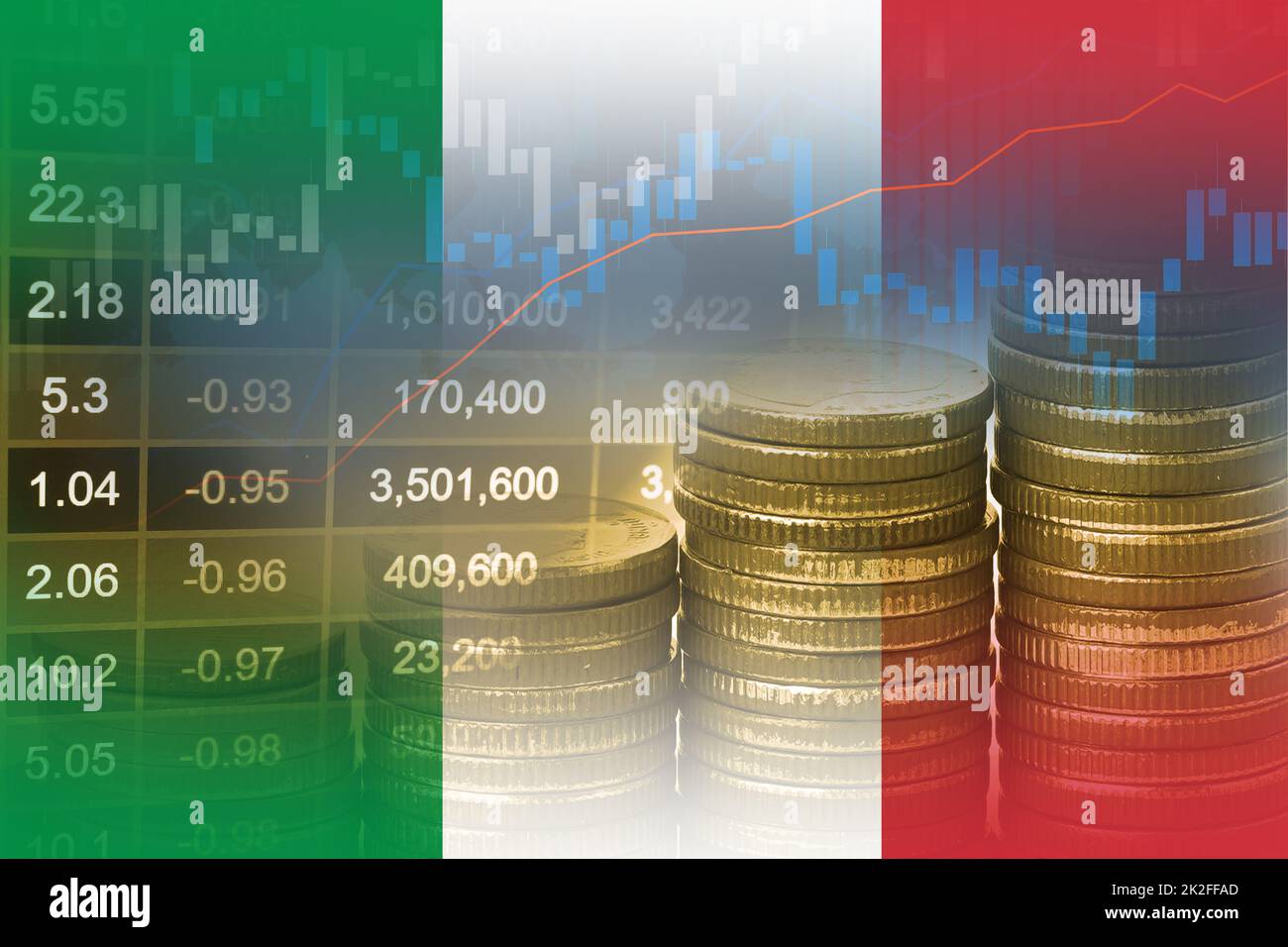 Aktienmarkt Investment Trading Financial, Coin und Italien Flagge oder Forex für die Analyse Gewinn Finanzierung Geschäft Trend Daten Hintergrund. Stockfoto