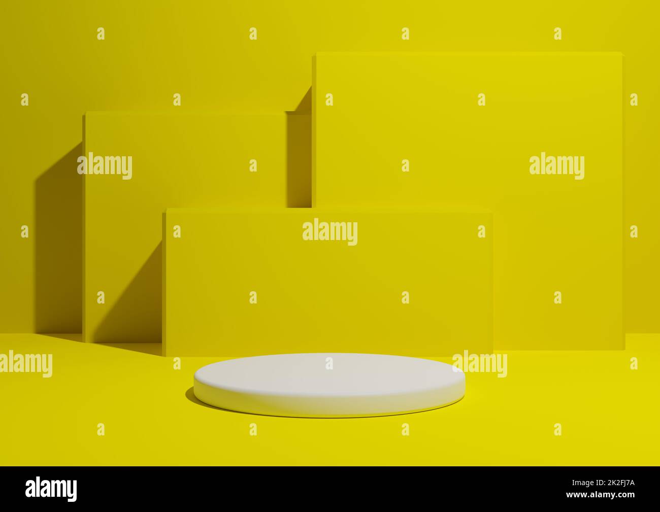 Leuchtendes Neongelb, 3D-Darstellung eines einfachen, minimalen Produktanzeigehintergrunds mit einem Podium oder Ständer und geometrischen quadratischen Formen im Hintergrund. Stockfoto