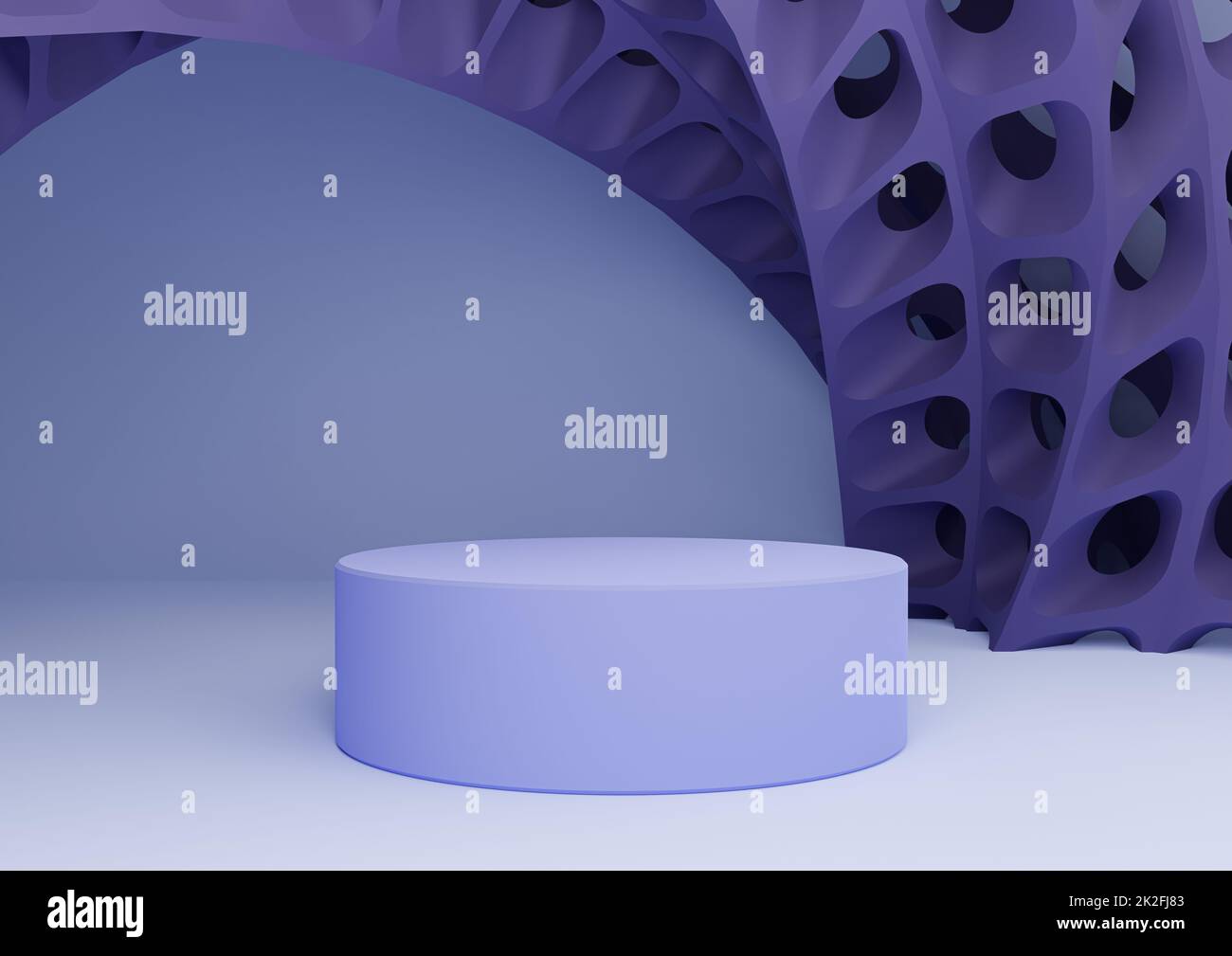 Helle, pastellblaue 3D-Rendering-Produktanzeige mit Zylinderständer oder -Podium und futuristische abstrakte geometrische Formen Moderne Vorlage für minimale Zusammensetzung im Hintergrund Stockfoto