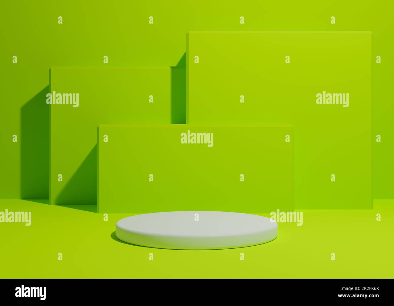 Leuchtendes, limitiertes, neongrünes 3D-Rendering eines einfachen, minimalistischen Produktanzeigehintergrunds mit einem Podium oder Standfuß und geometrischen quadratischen Formen im Hintergrund. Stockfoto