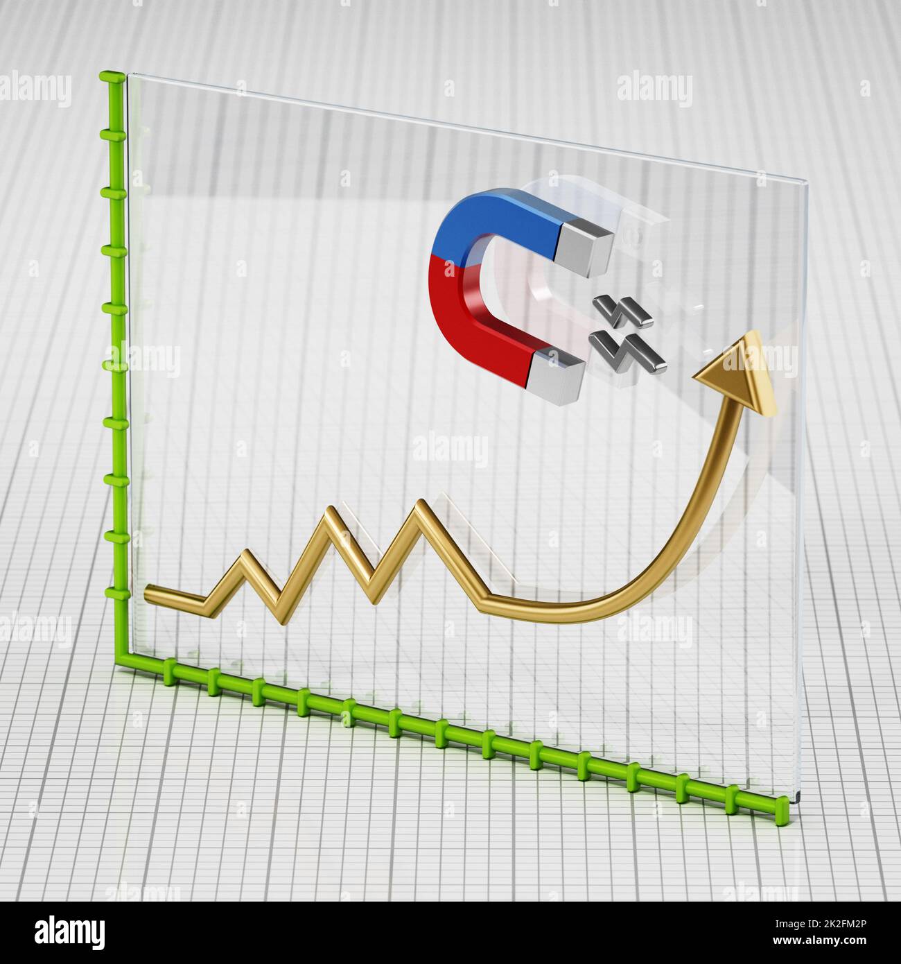 Der Hufeisenmagnet zieht das Pfeilsymbol auf einer Unternehmenskarte nach oben. 3D Abbildung Stockfoto