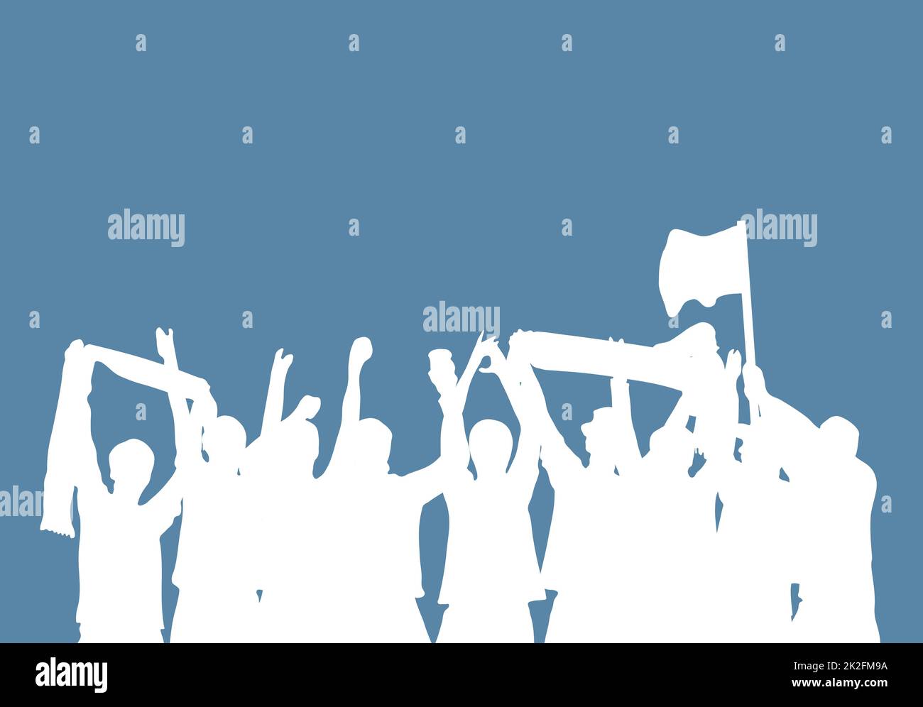 Weiße Silhouette: Jubelnde Fußballfans auf blauem Hintergrund Stockfoto