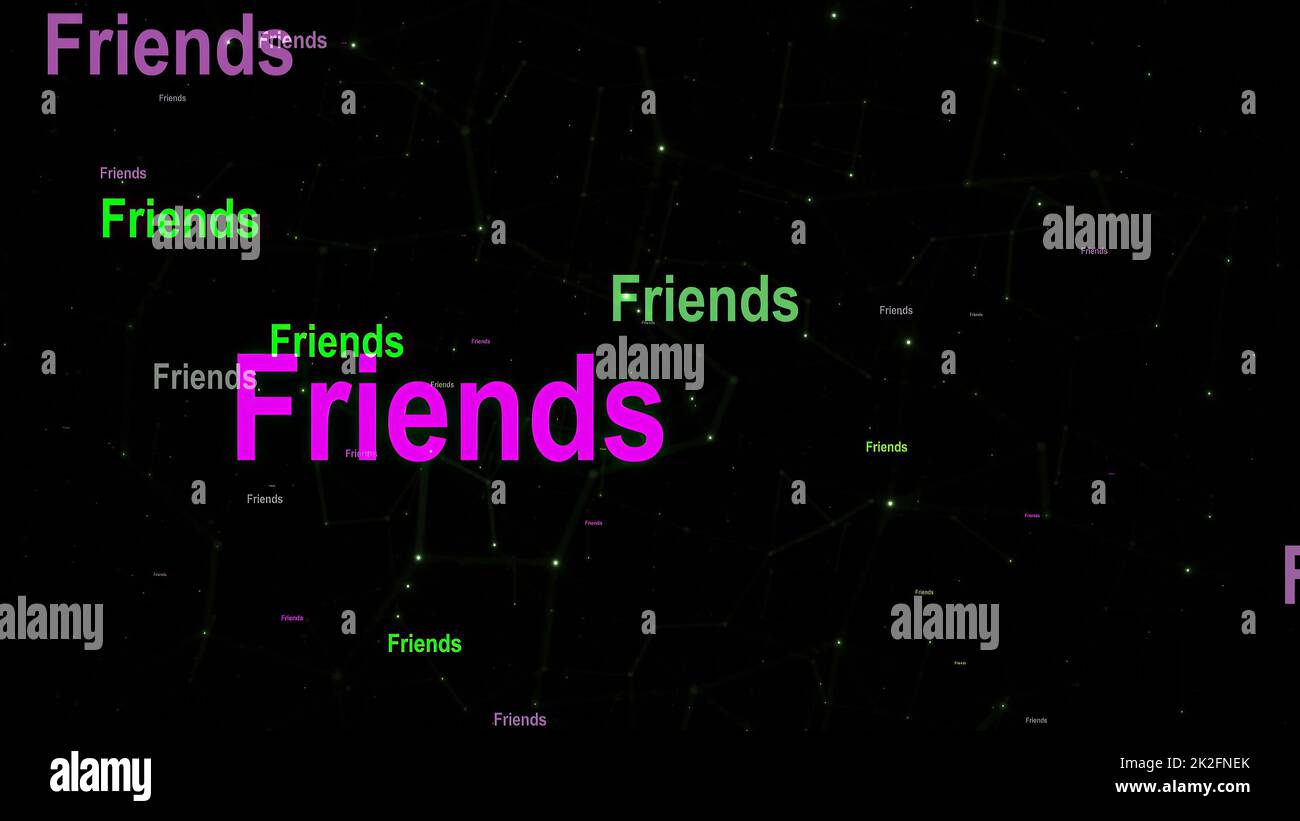 Text von Freunden vor schwarzem Hintergrund Stockfoto
