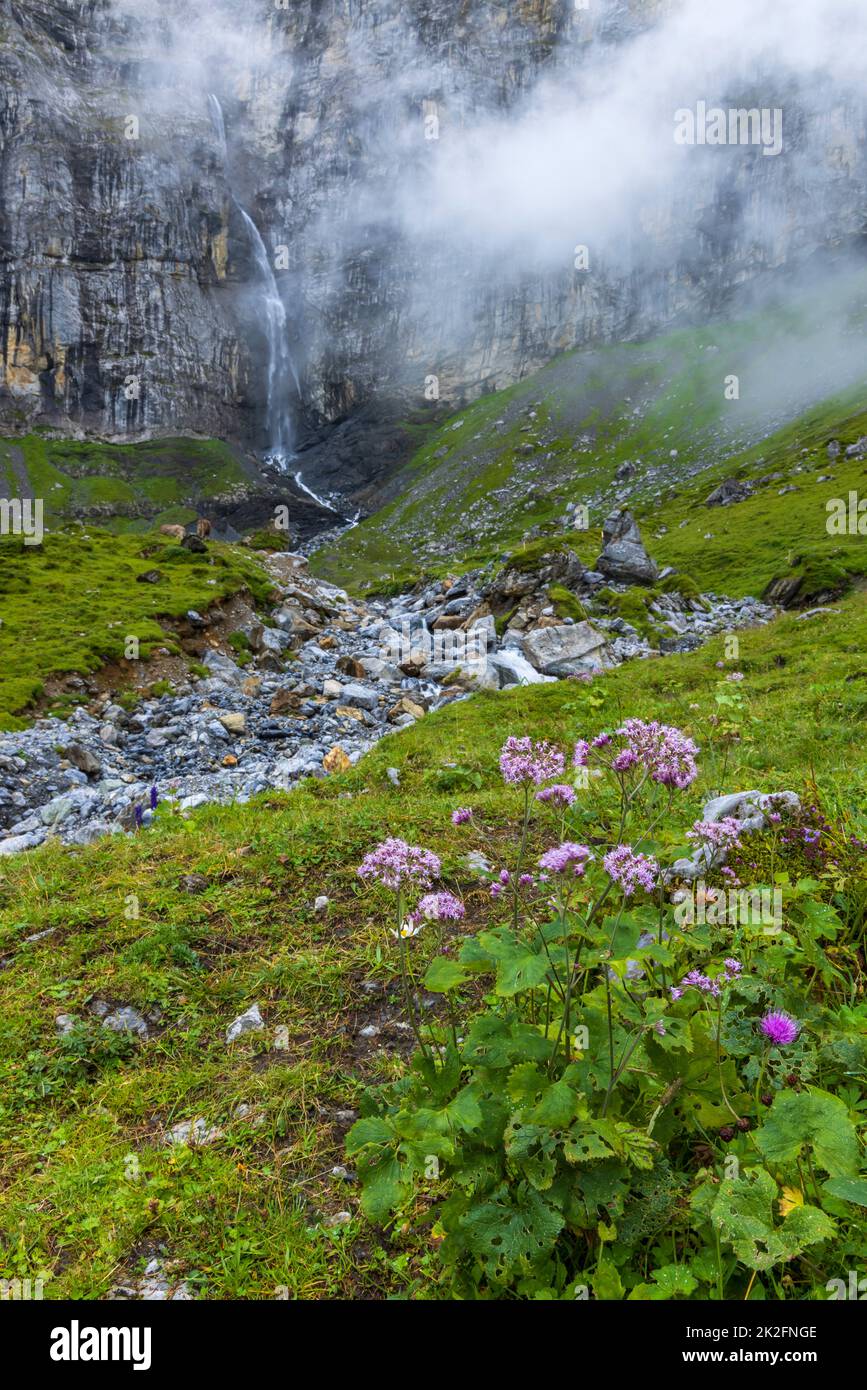 Typische Alpenlandschaft mit Wasserfällen, Schweizer Alpen bei Klausenstraße, Spiringen, Kanton Uri, Schweiz Stockfoto