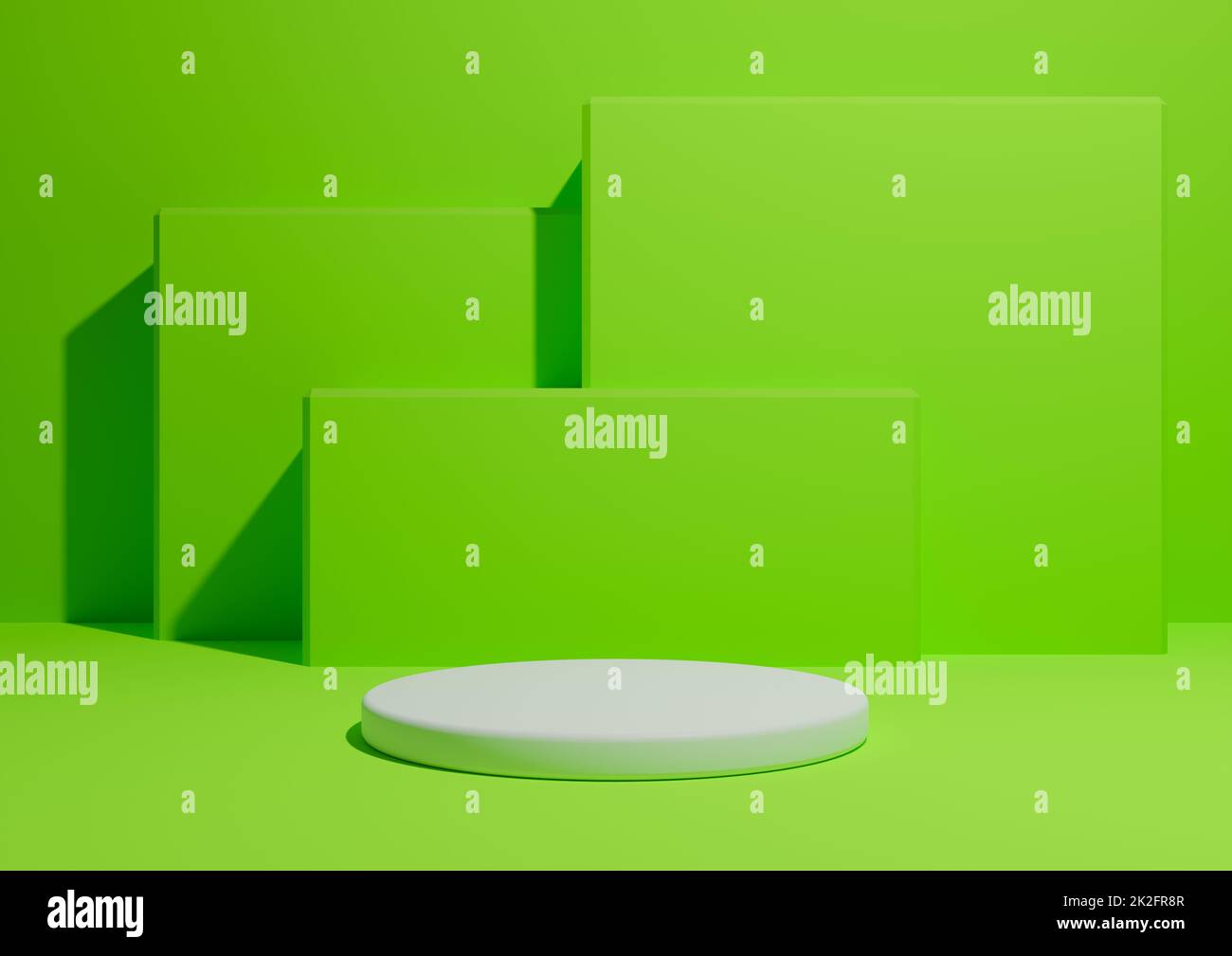 Leuchtendes Neongrün, 3D-Darstellung eines einfachen, minimalen Produktanzeigenhintergrunds mit einem Podium oder Ständer und geometrischen quadratischen Formen im Hintergrund. Stockfoto