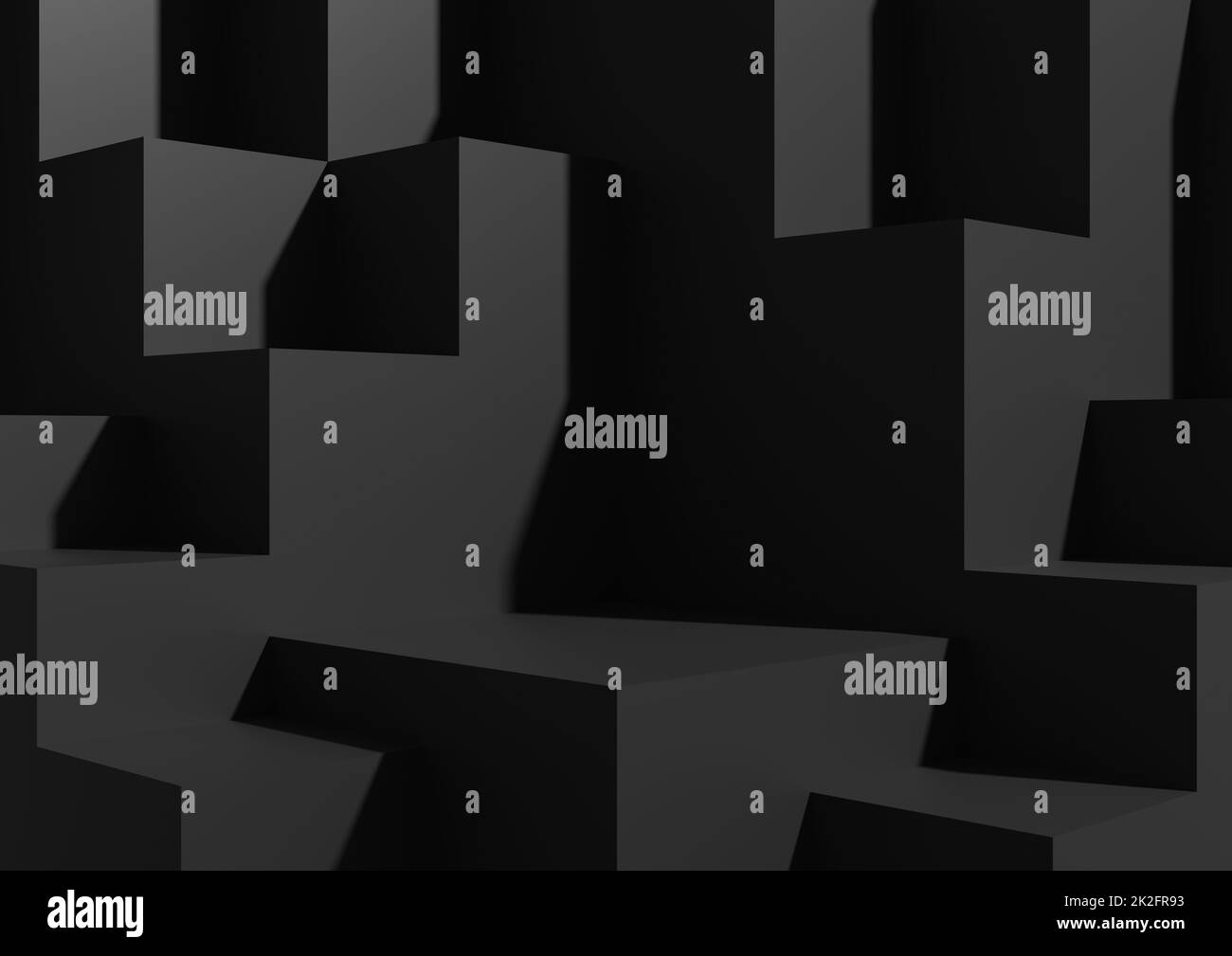 Minimales Dunkelgrau, schwarzer Hintergrund 3D Studio-Mockup-Szene mit Podien und Ebenen für die Produktanzeige und -Präsentation. Geometrisches Horizontales Architektonisches Hintergrundbild. Stockfoto