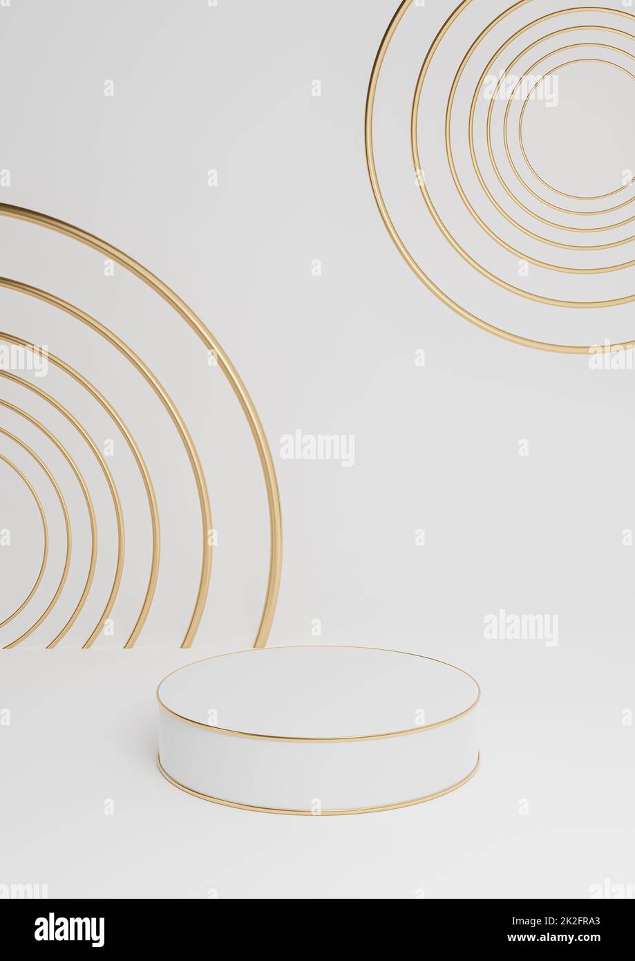 Weiß, Hellgrau, Schwarz und Weiß 3D-Darstellung minimaler Produktpräsentation luxuriöses Zylinderpodium oder Produkthintergrund abstrakte Komposition mit goldenen Linien und Kreisen Stockfoto