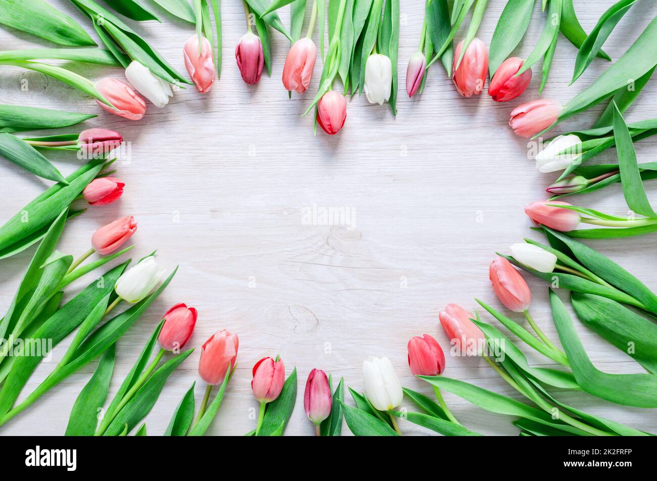Herz aus roten Tulpen Blumen auf rustikalem Tisch für März 8, Internationaler Frauentag, Geburtstag, Valentinstag oder Muttertag - Nahaufnahme Stockfoto