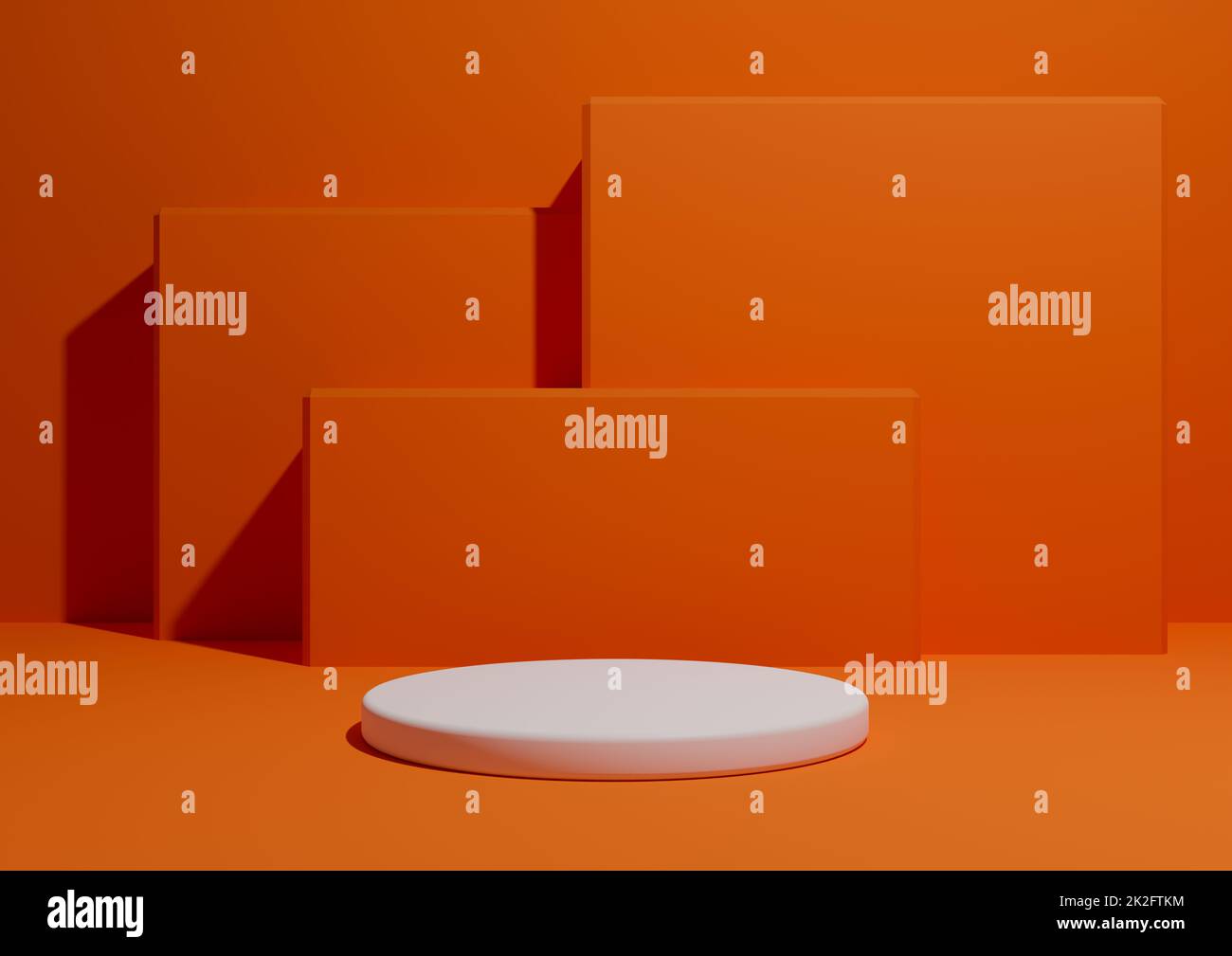 Neonorange, leuchtendes Rot, 3D-Darstellung eines einfachen, minimalen Produktanzeigenhintergrunds mit einem Podium oder Ständer und geometrischen quadratischen Formen im Hintergrund. Stockfoto
