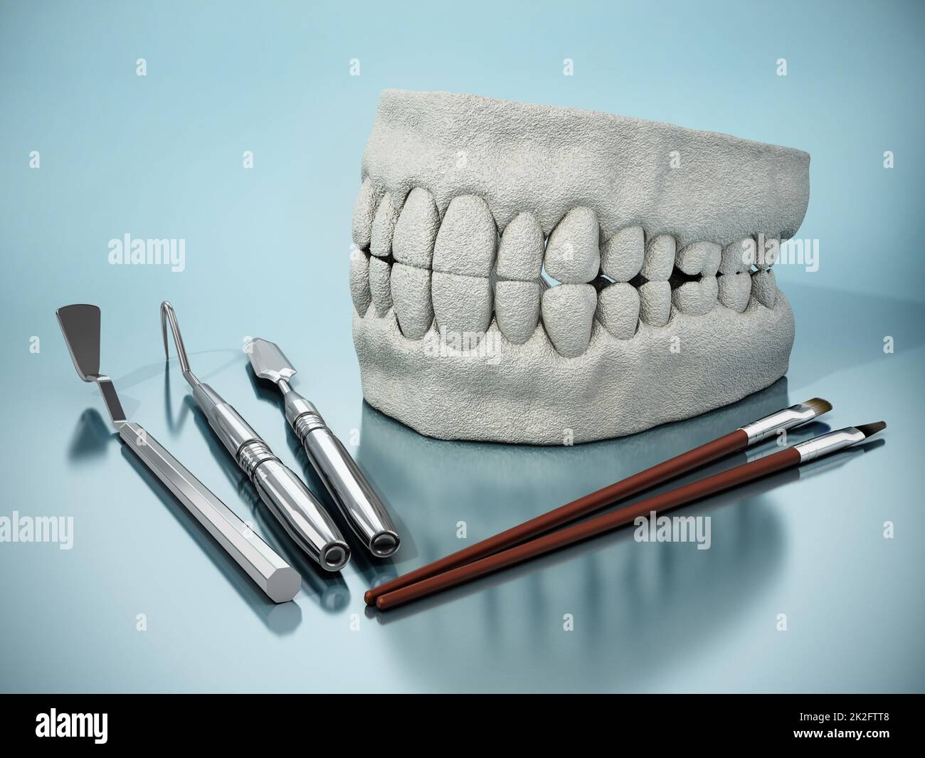 Künstliches Zahnmodell, Modellierungs- und Malwerkzeuge. 3D Abbildung Stockfoto